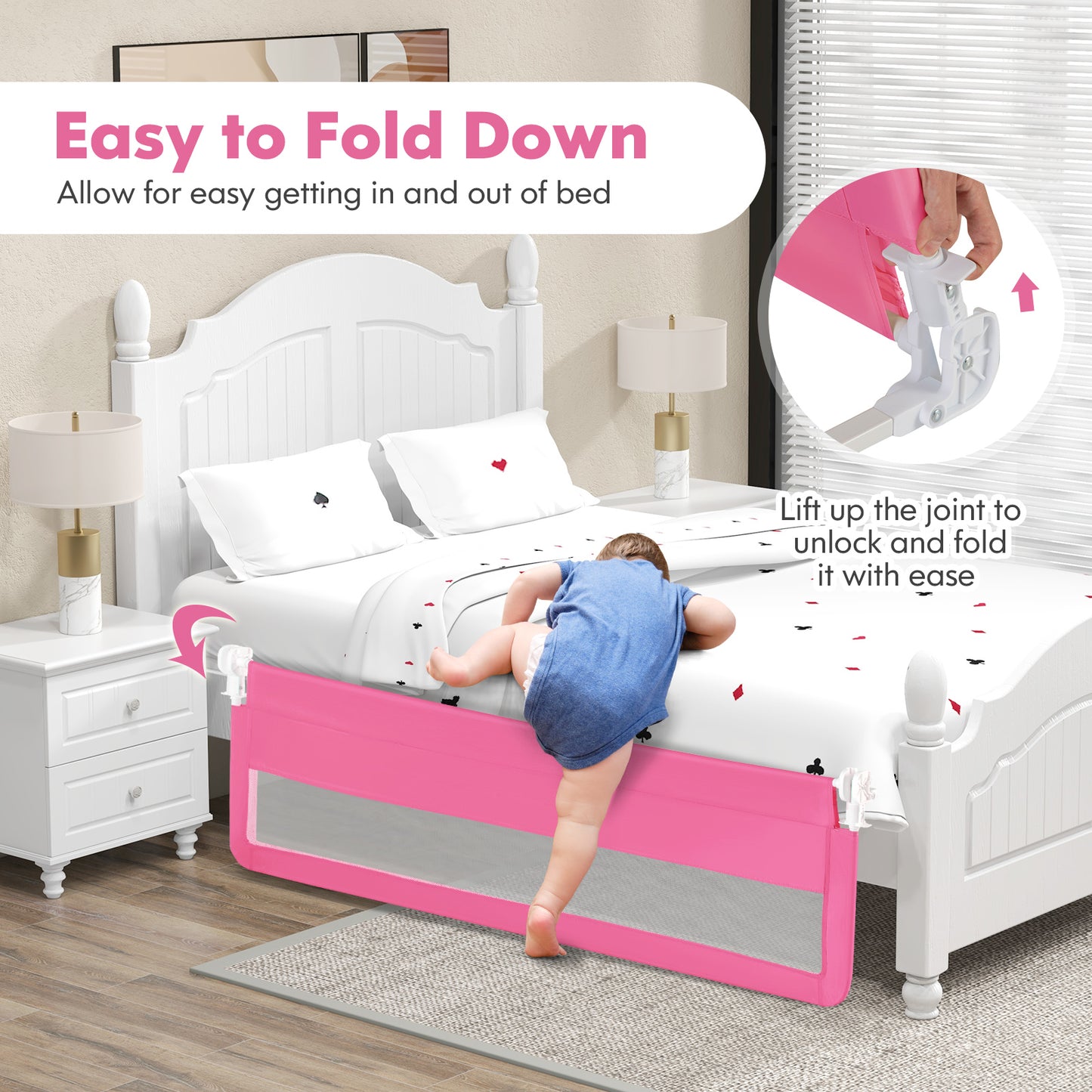 71 Inch Extra Long Swing Down Bed Guardrail with Safety Straps-Pink Kids Crystal