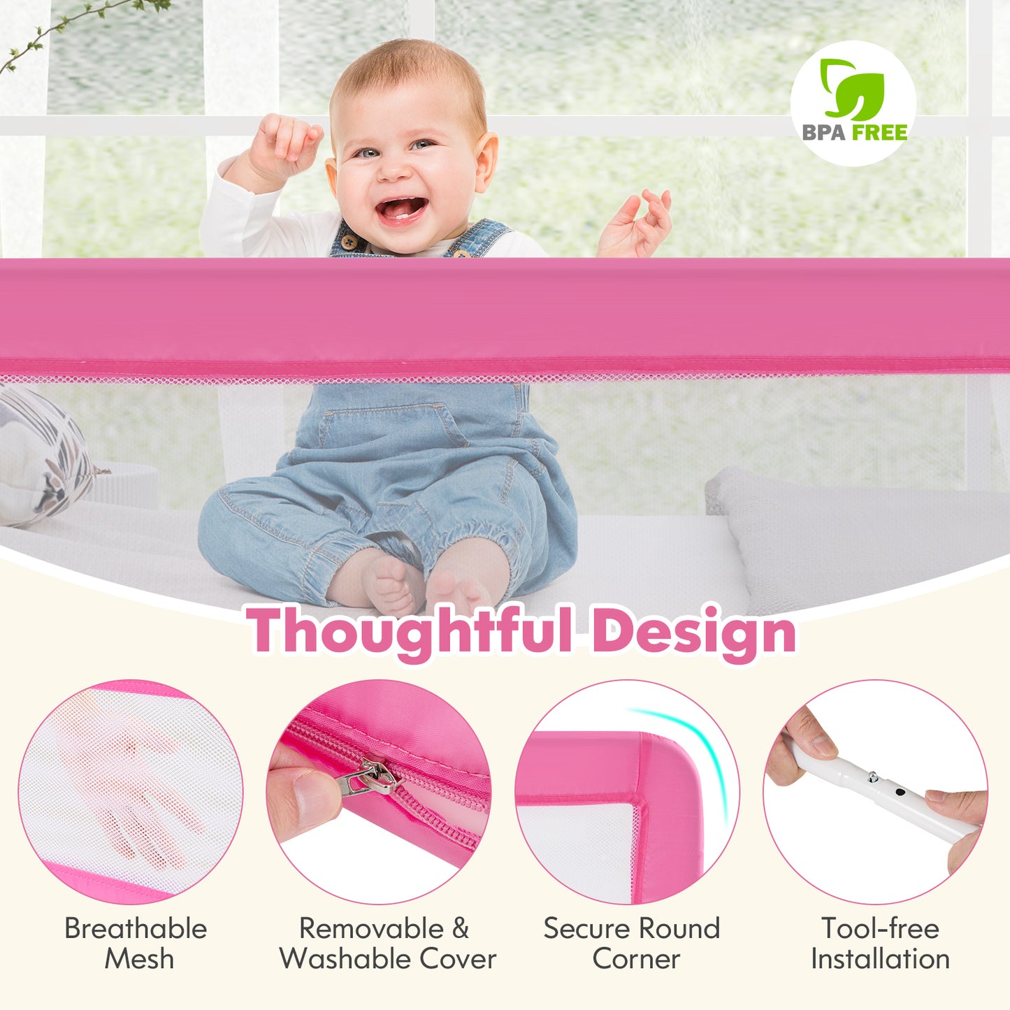 71 Inch Extra Long Swing Down Bed Guardrail with Safety Straps-Pink Kids Crystal