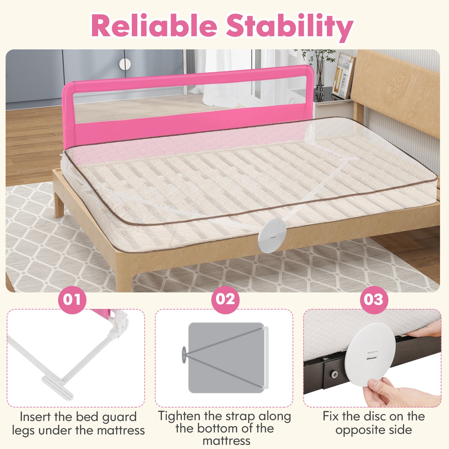 71 Inch Extra Long Swing Down Bed Guardrail with Safety Straps-Pink Kids Crystal