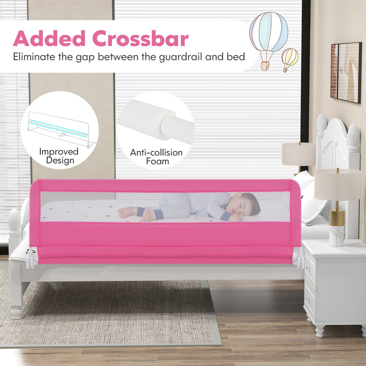 71 Inch Extra Long Swing Down Bed Guardrail with Safety Straps-Pink Kids Crystal