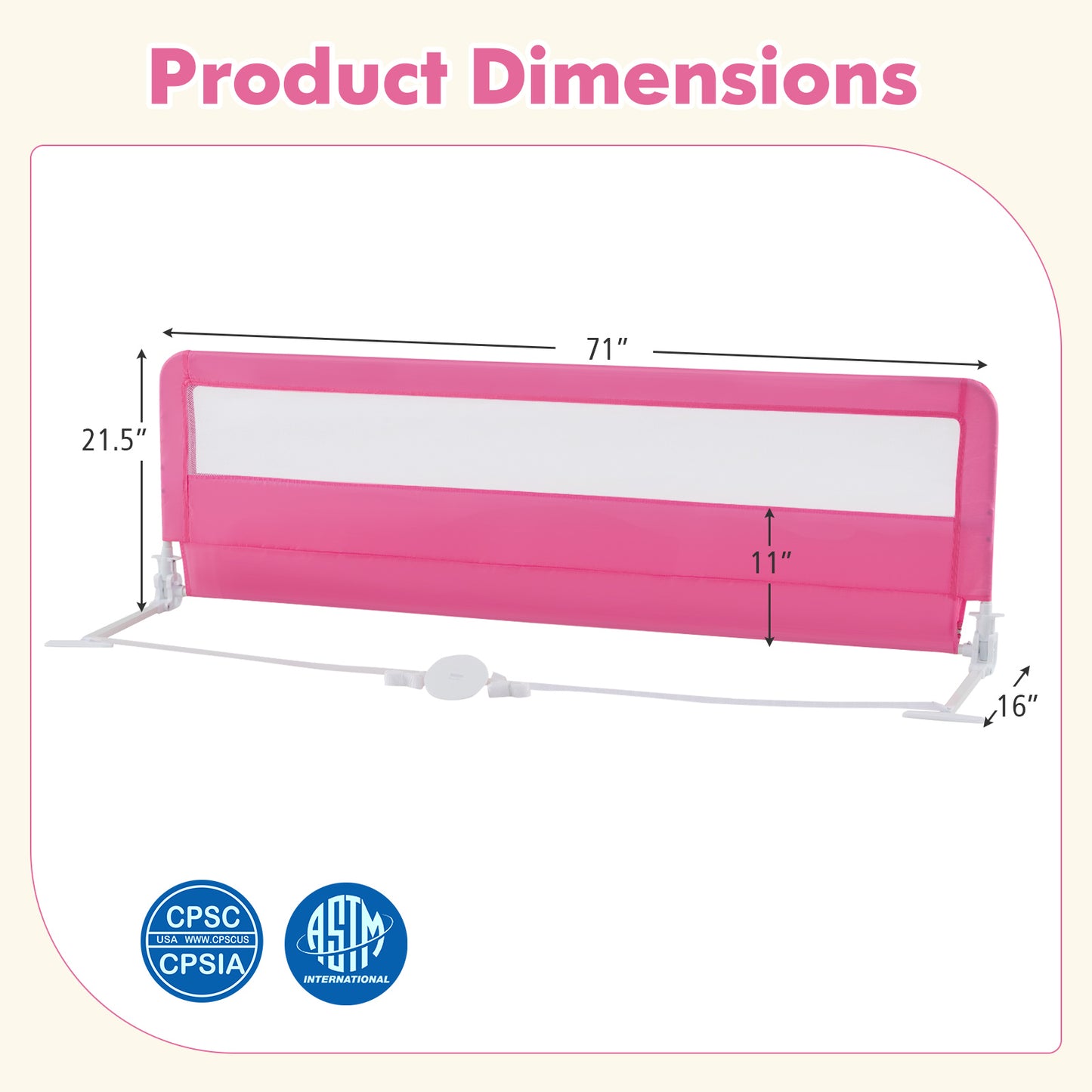 71 Inch Extra Long Swing Down Bed Guardrail with Safety Straps-Pink Kids Crystal