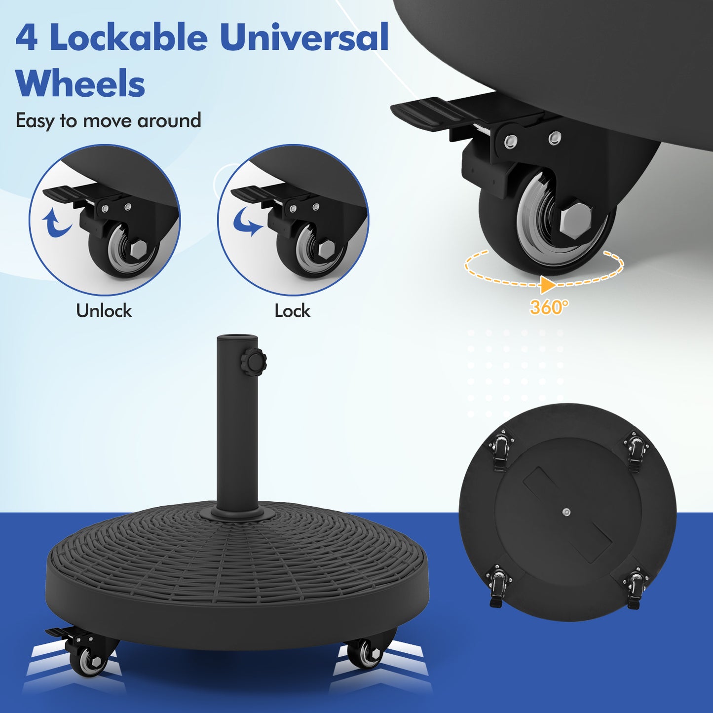 50 LBS Patio Wicker Style Resin Umbrella Base Stand Heavy Duty with Wheels Kids Crystal