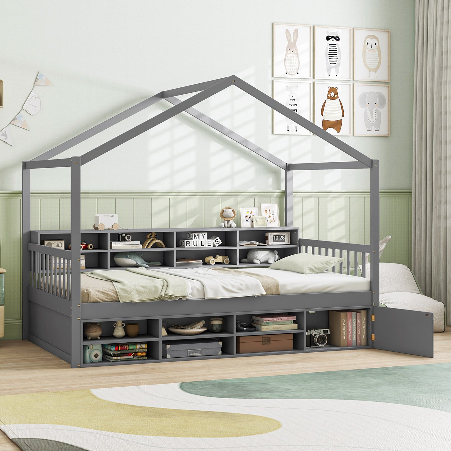 Twin Size House Bed with Roof with 14 Storage Cubes and Enclosed Cabinet-Gray Kids Crystal