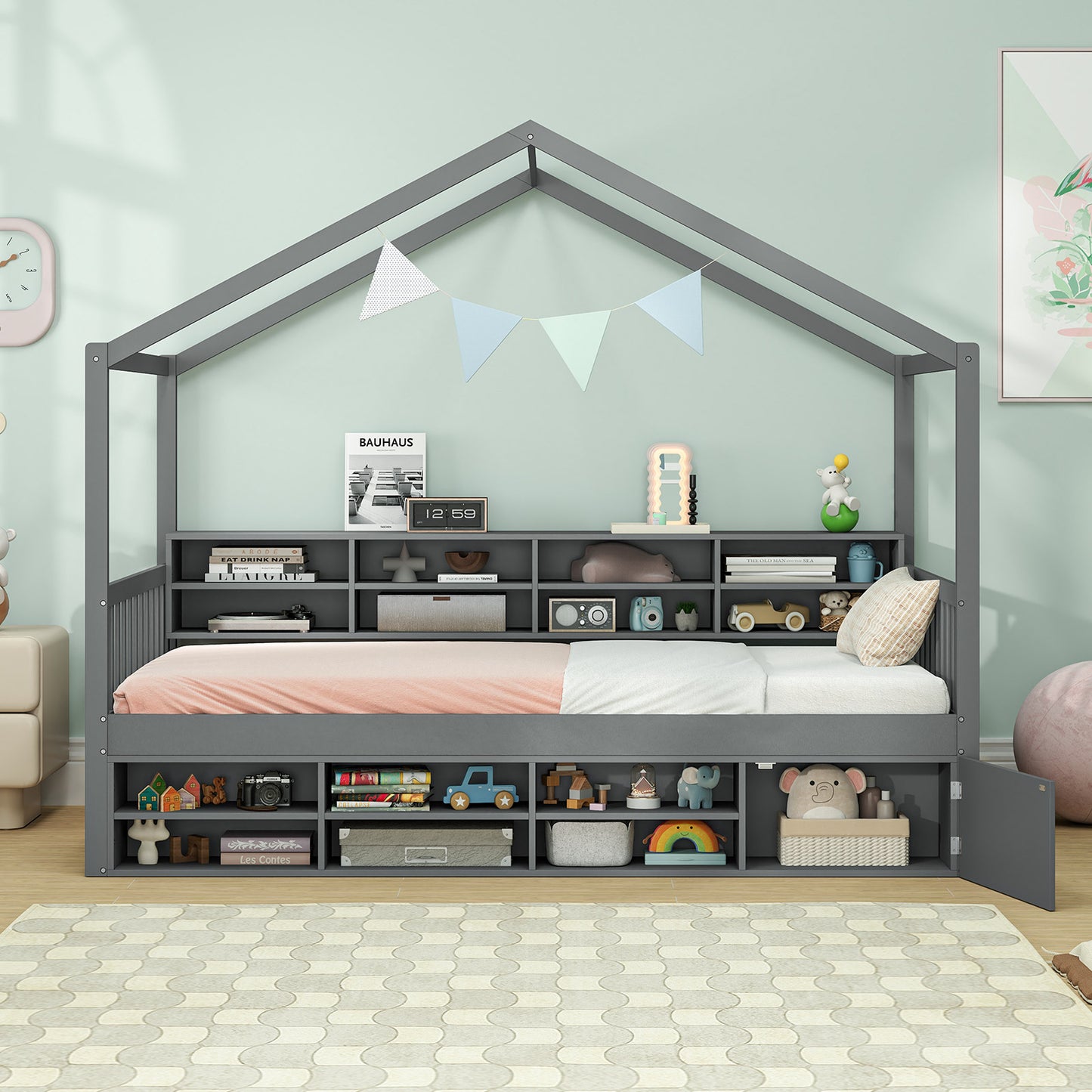 Twin Size House Bed with Roof with 14 Storage Cubes and Enclosed Cabinet-Gray Kids Crystal