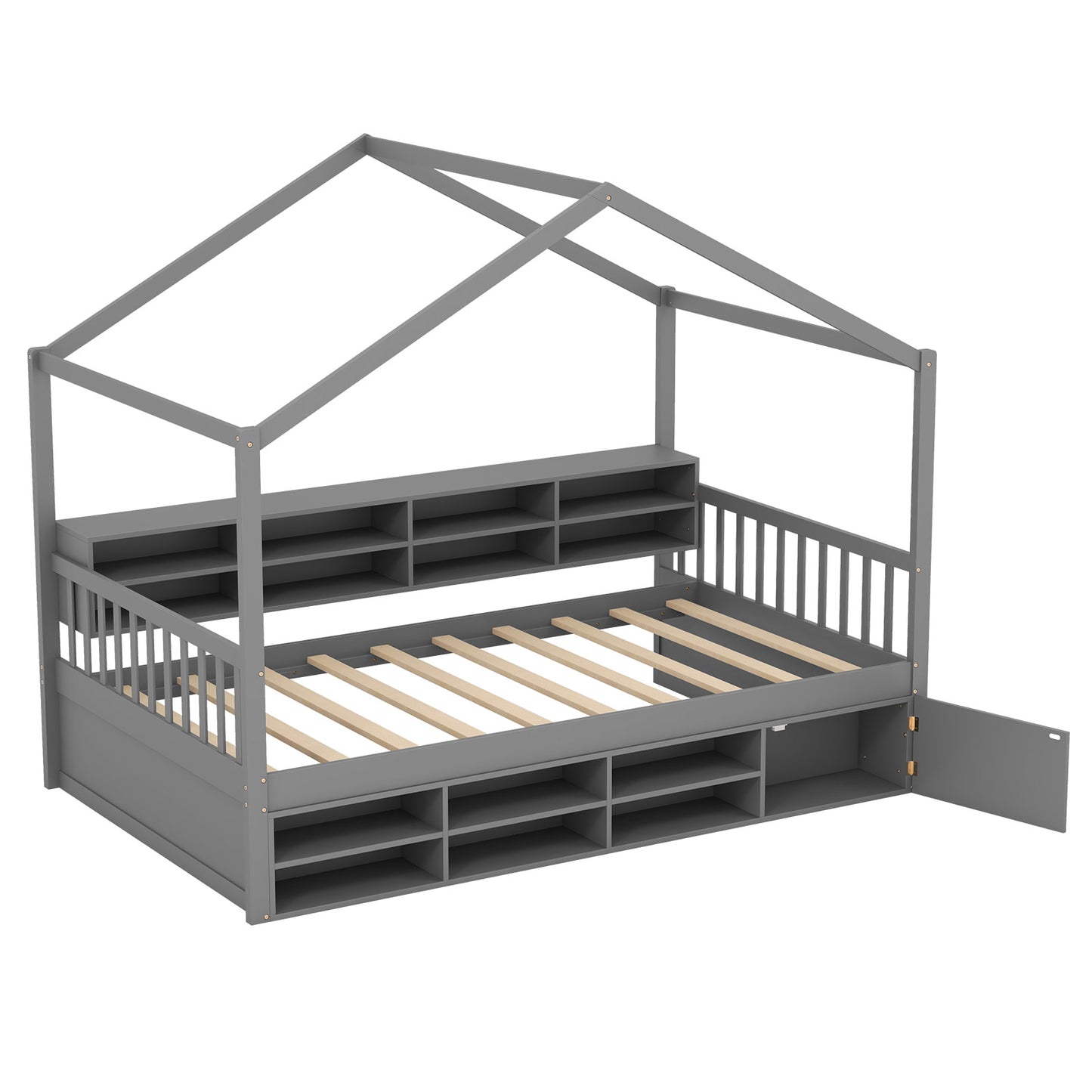 Twin Size House Bed with Roof with 14 Storage Cubes and Enclosed Cabinet-Gray Kids Crystal