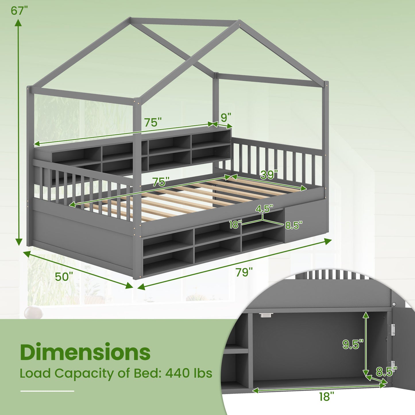 Twin Size House Bed with Roof with 14 Storage Cubes and Enclosed Cabinet-Gray Kids Crystal
