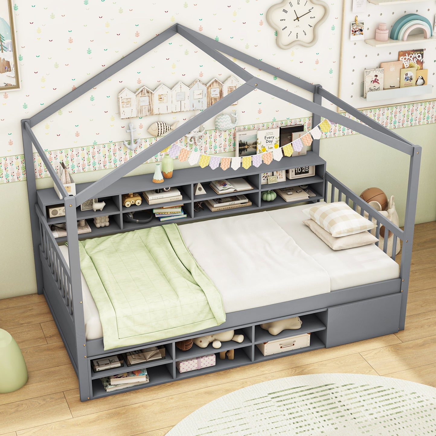 Twin Size House Bed with Roof with 14 Storage Cubes and Enclosed Cabinet-Gray Kids Crystal