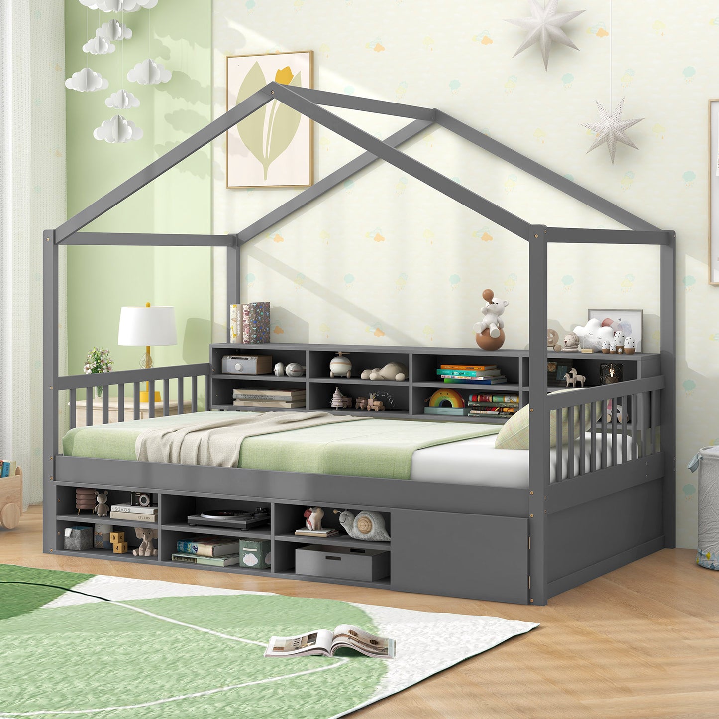 Twin Size House Bed with Roof with 14 Storage Cubes and Enclosed Cabinet-Gray Kids Crystal