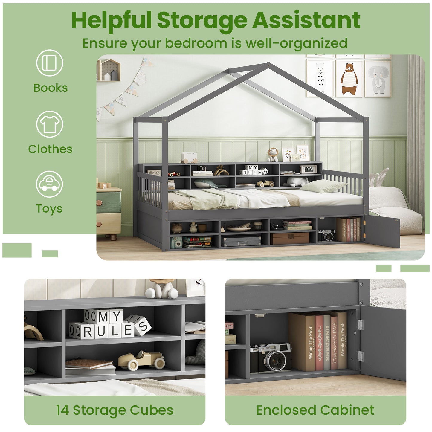 Twin Size House Bed with Roof with 14 Storage Cubes and Enclosed Cabinet-Gray Kids Crystal
