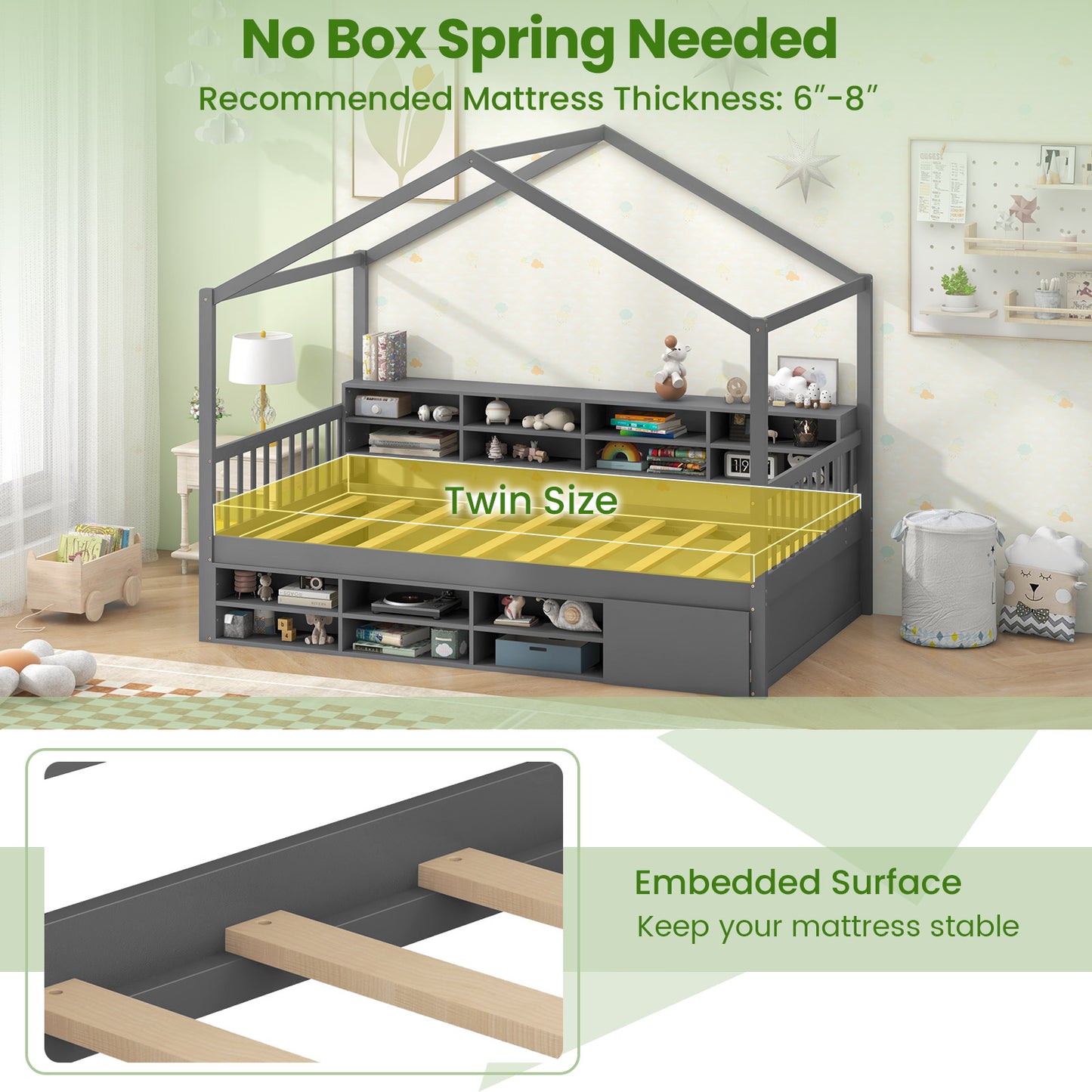 Twin Size House Bed with Roof with 14 Storage Cubes and Enclosed Cabinet-Gray Kids Crystal