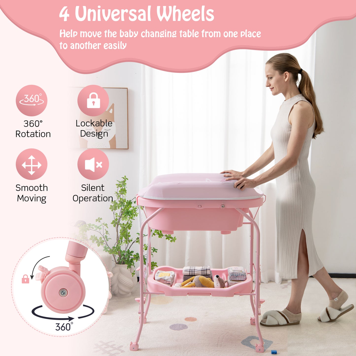 Folding Baby Changing Table with Bathtub and 4 Universal Wheels-Pink Kids Crystal
