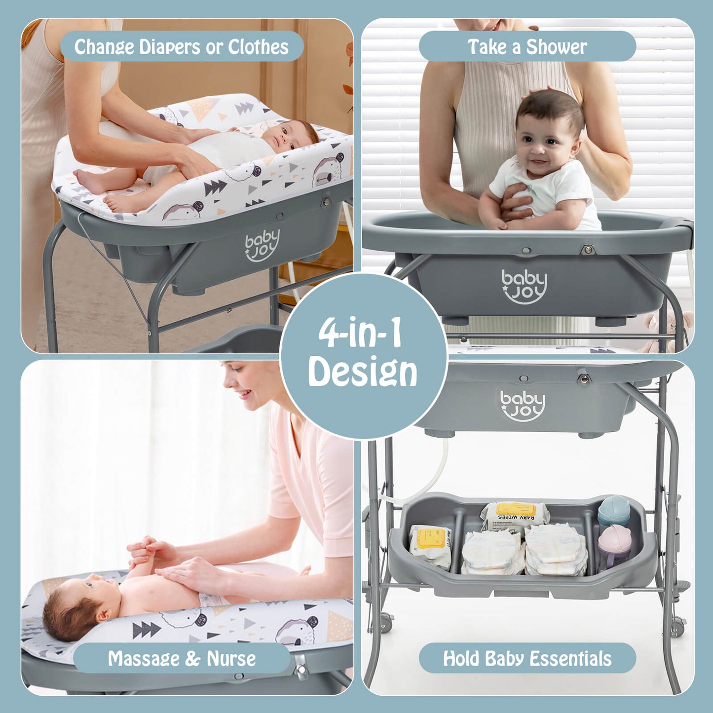 Portable Baby Changing Table with Storage Basket and Shelves-Gray Kids Crystal
