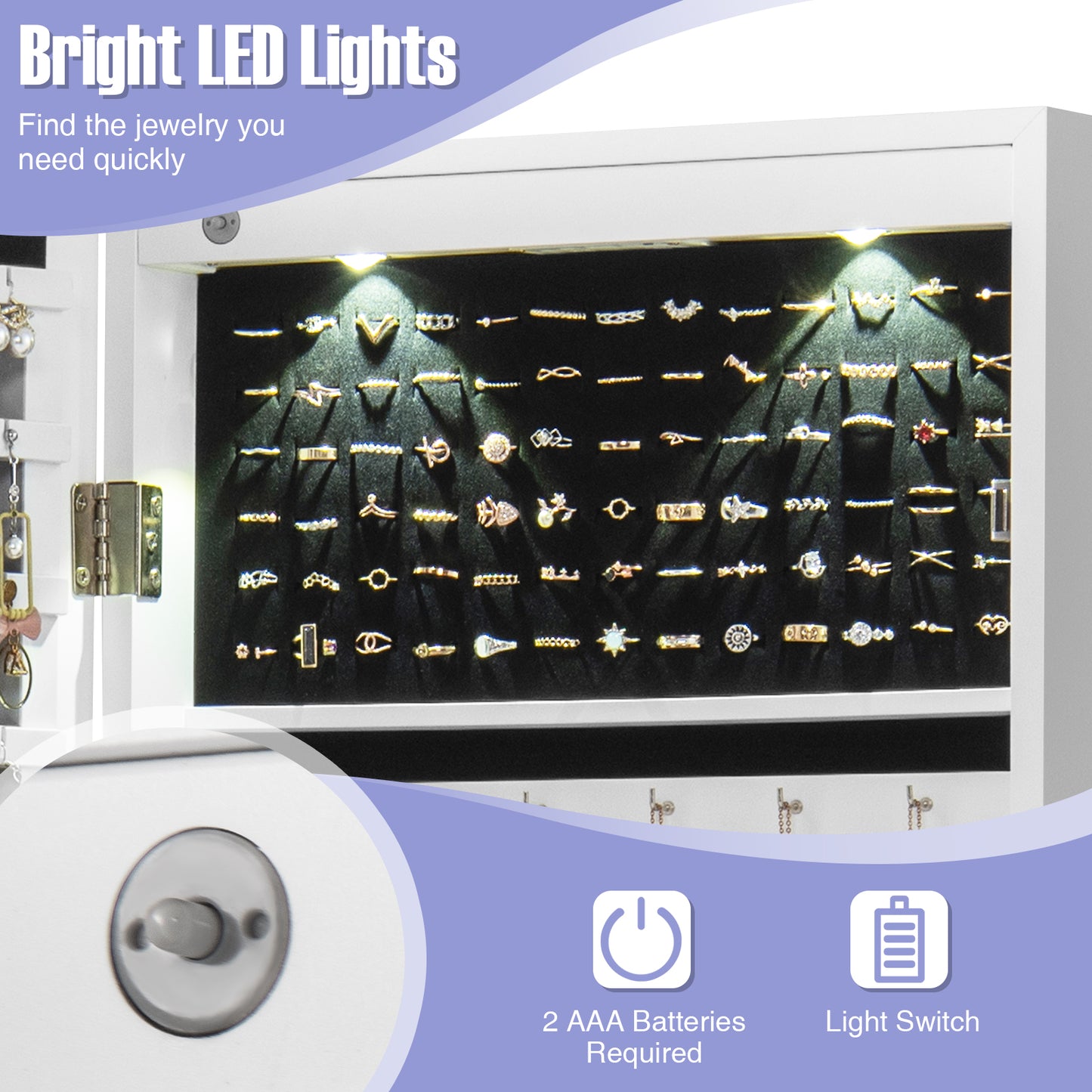 Lockable Wall Mount Mirrored Jewelry Cabinet with LED Lights-White Kids Crystal