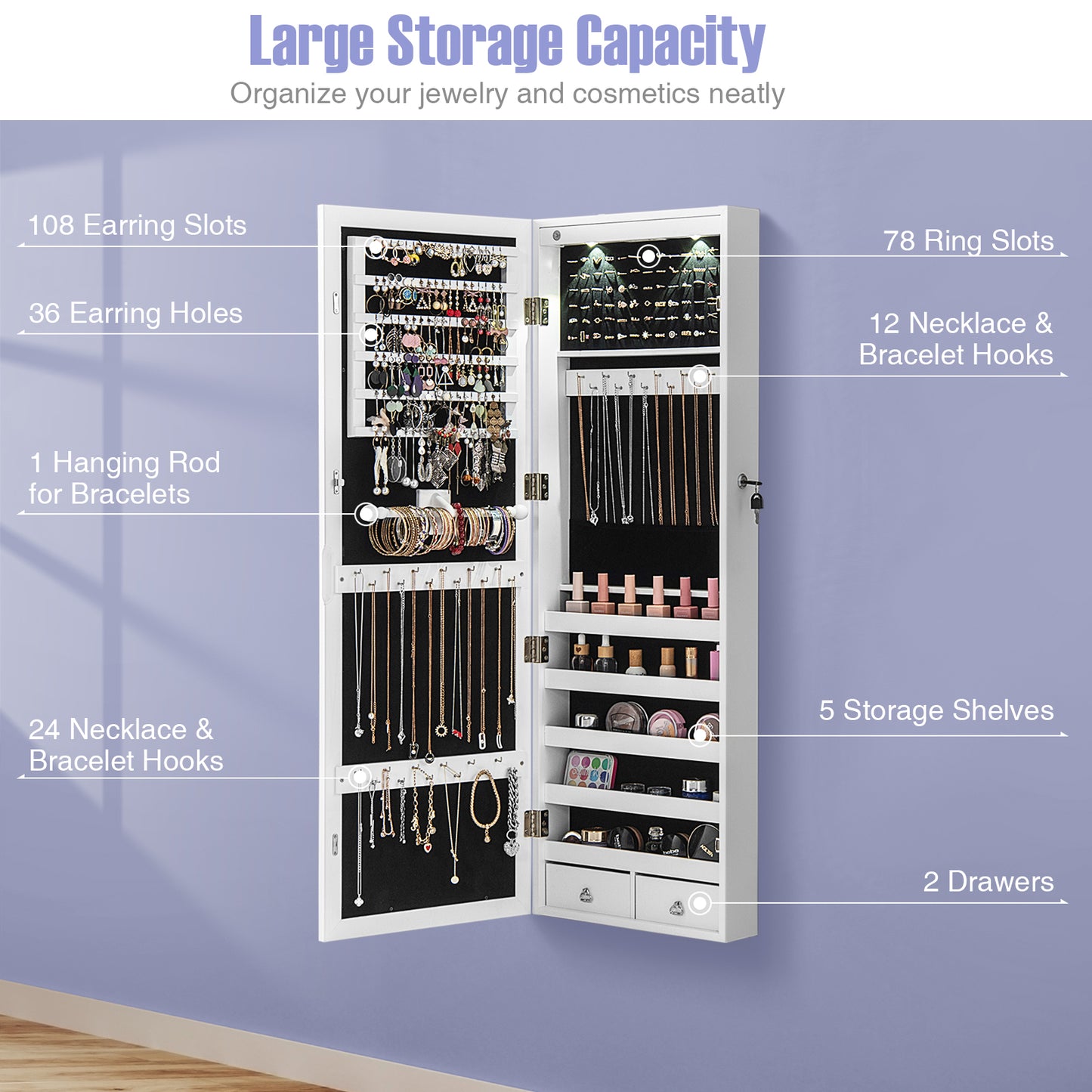 Lockable Wall Mount Mirrored Jewelry Cabinet with LED Lights-White Kids Crystal
