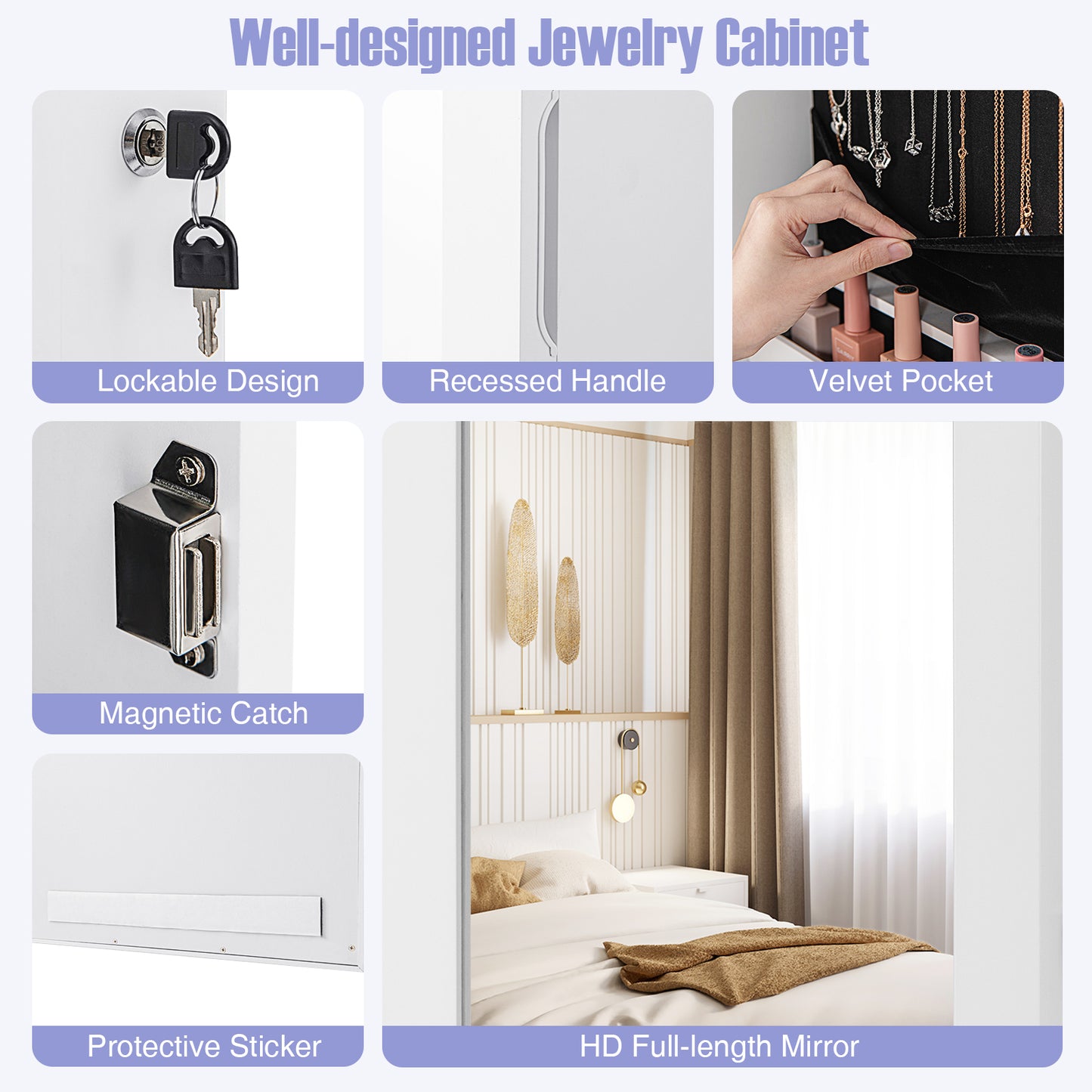 Lockable Wall Mount Mirrored Jewelry Cabinet with LED Lights-White Kids Crystal