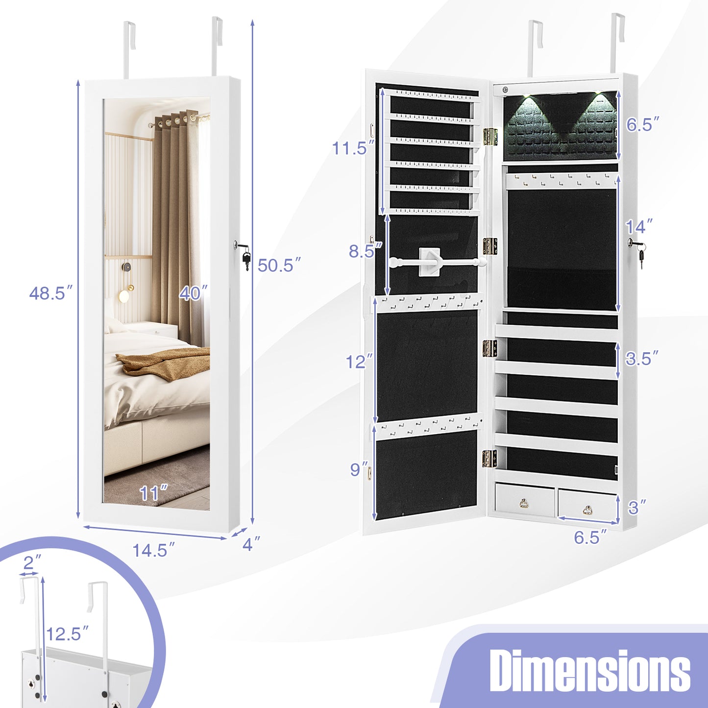 Lockable Wall Mount Mirrored Jewelry Cabinet with LED Lights-White Kids Crystal