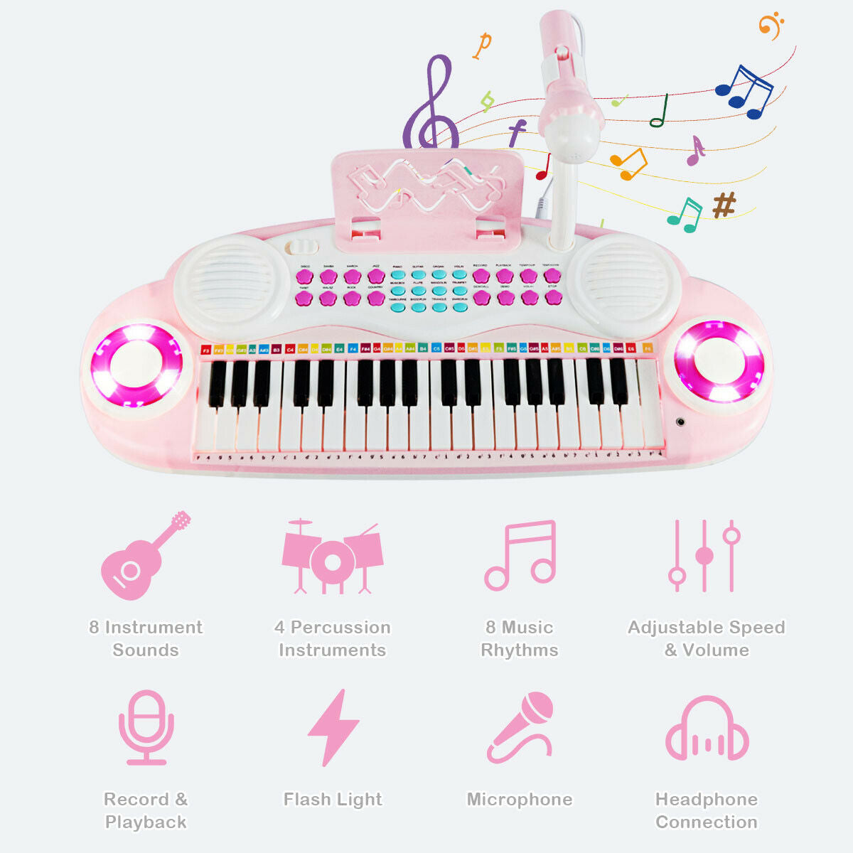 Multifunctional 37 Electric Keyboard Piano with Microphone-Pink Kids Crystal