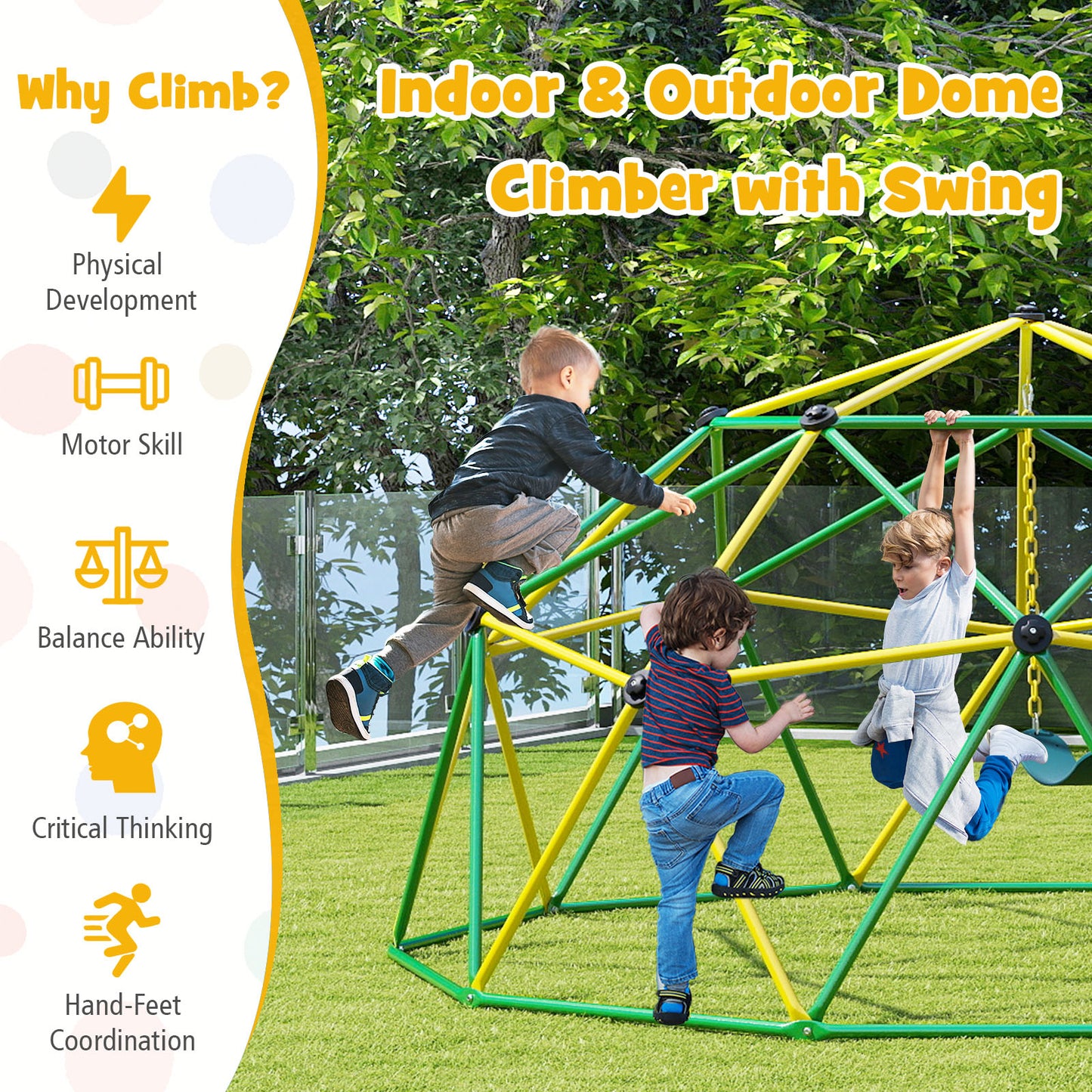 10 Feet Dome Climber with Swing and 800 Lbs Load Capacity-Green Kids Crystal