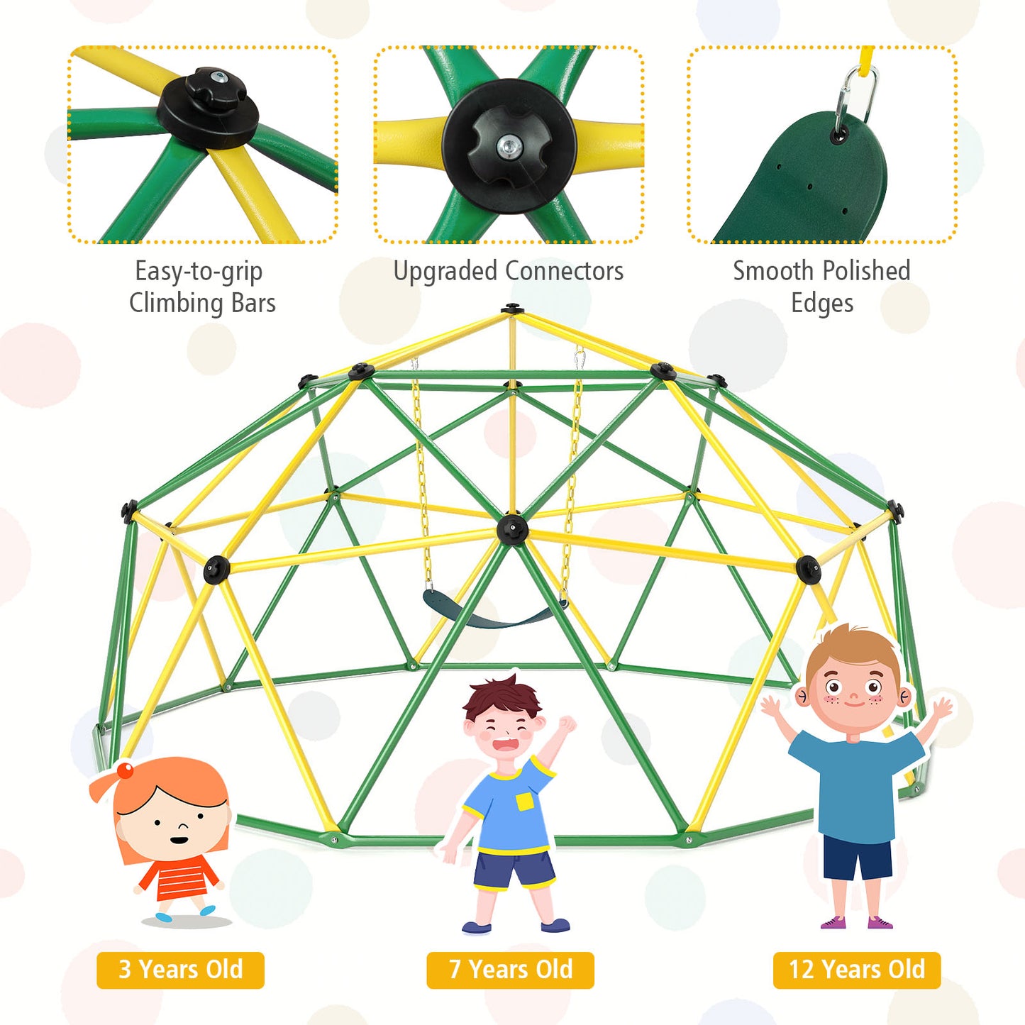 10 Feet Dome Climber with Swing and 800 Lbs Load Capacity-Green Kids Crystal