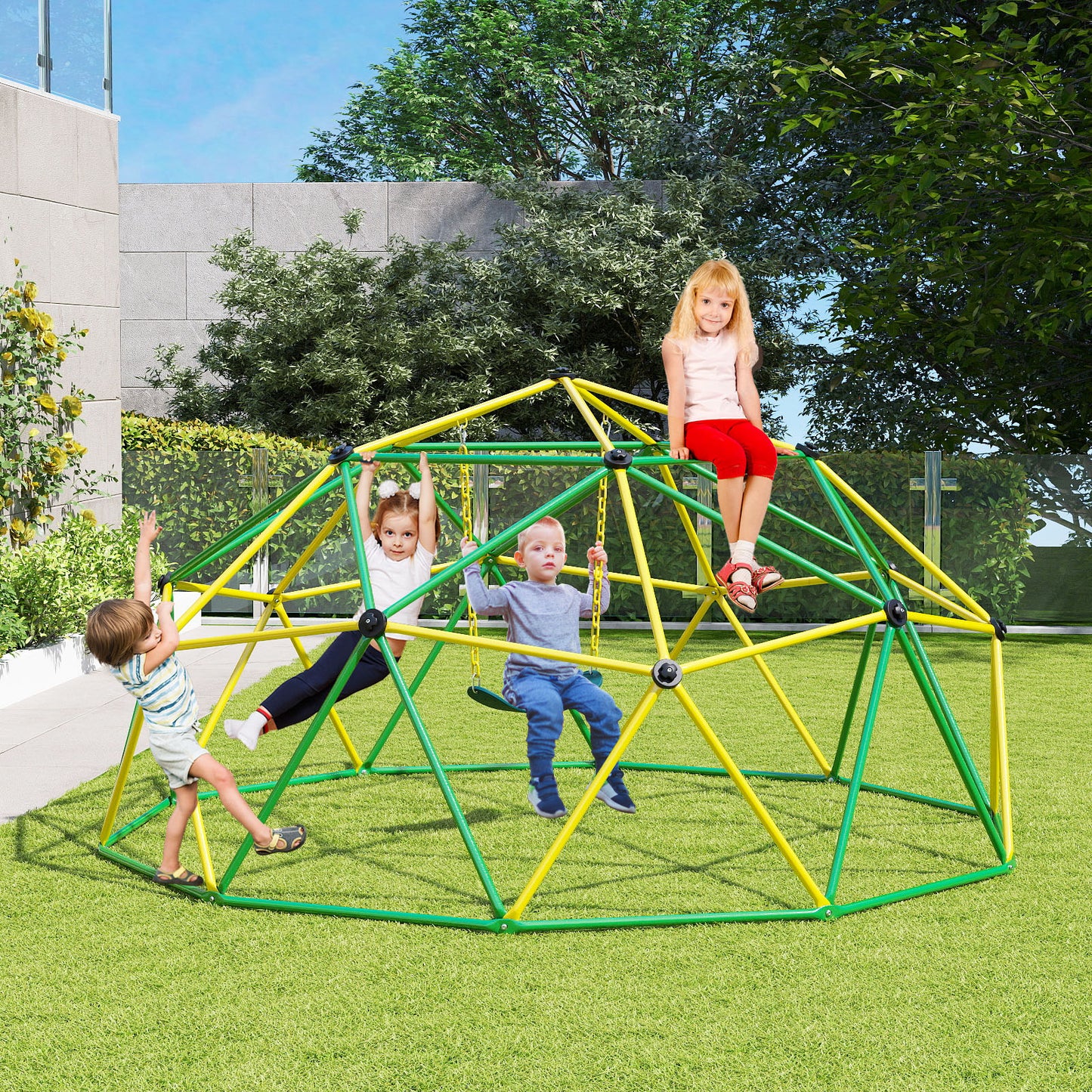 10 Feet Dome Climber with Swing and 800 Lbs Load Capacity-Green Kids Crystal