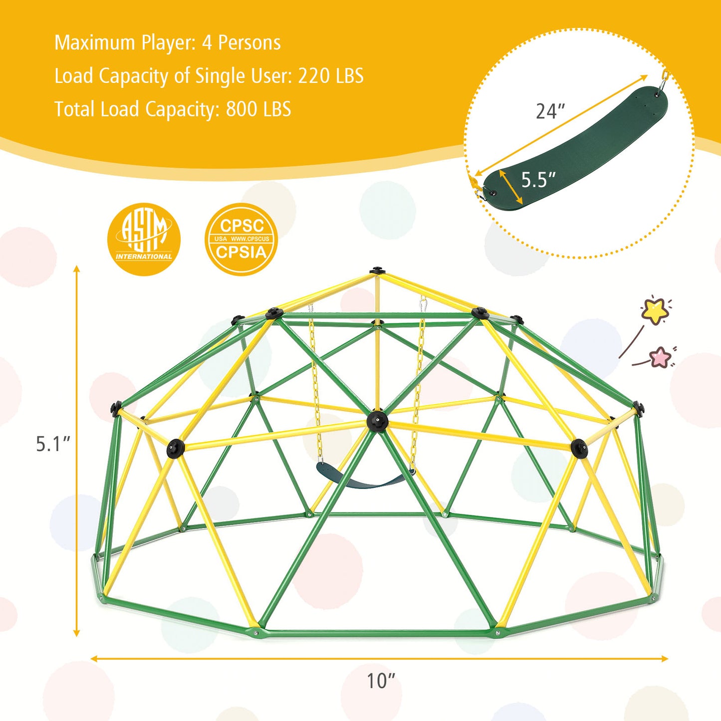 10 Feet Dome Climber with Swing and 800 Lbs Load Capacity-Green Kids Crystal