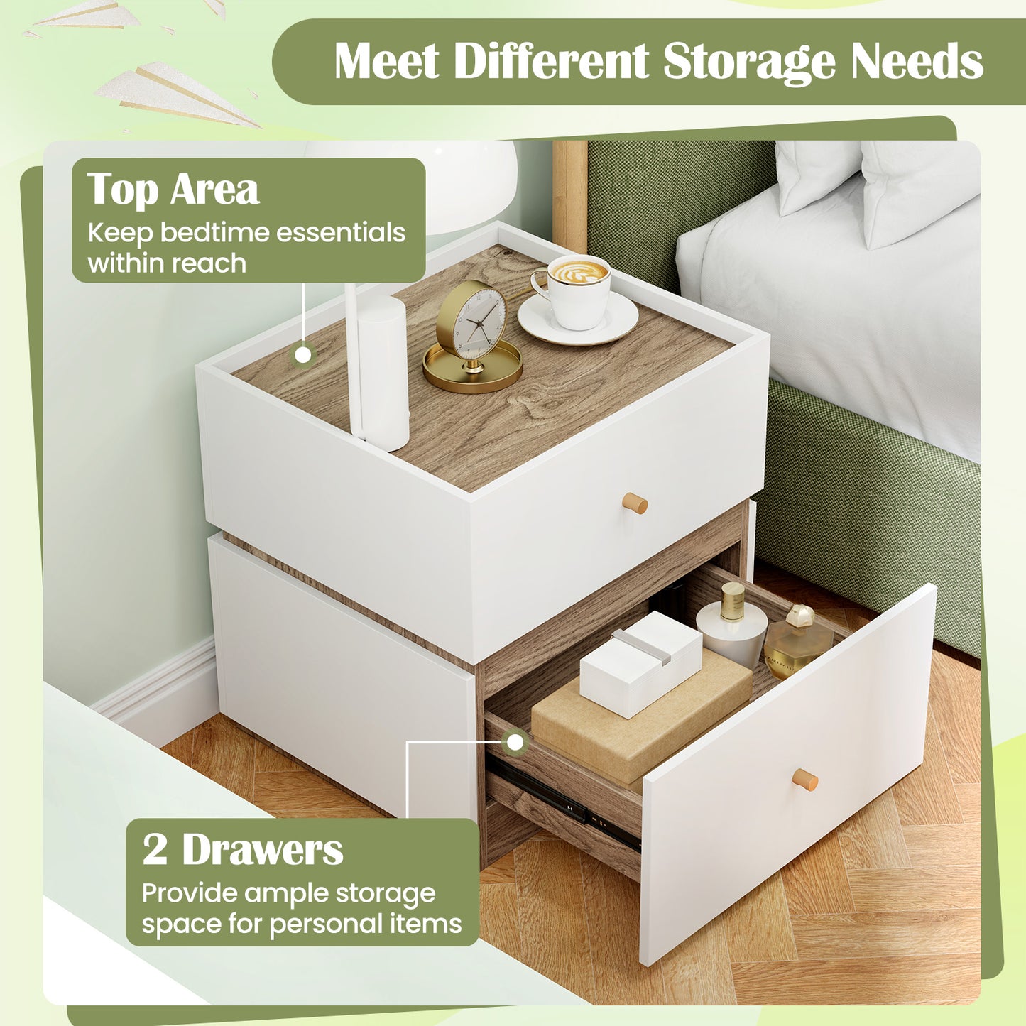 2-Drawer Modern Nightstand with Storage for Living Room Bedroom Kids Crystal