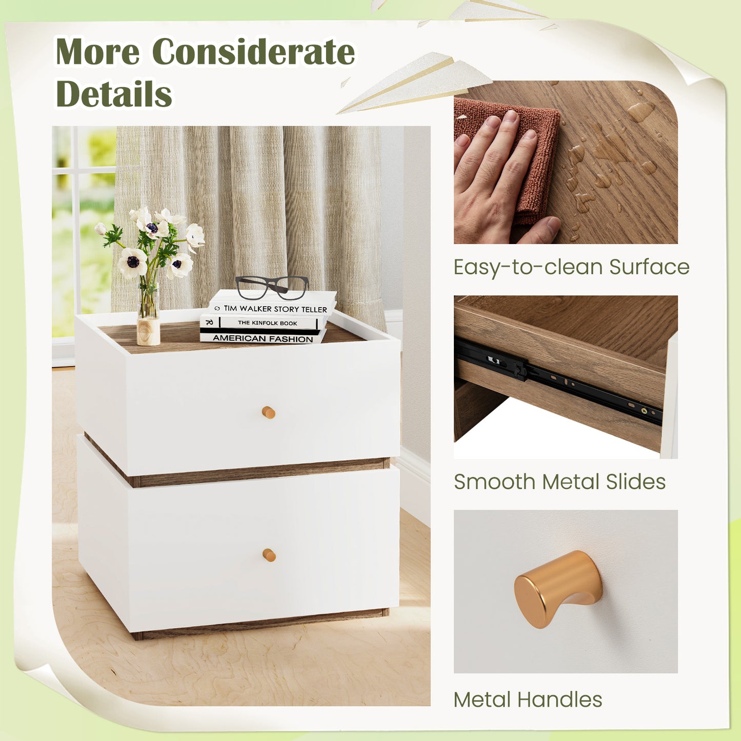 2-Drawer Modern Nightstand with Storage for Living Room Bedroom Kids Crystal