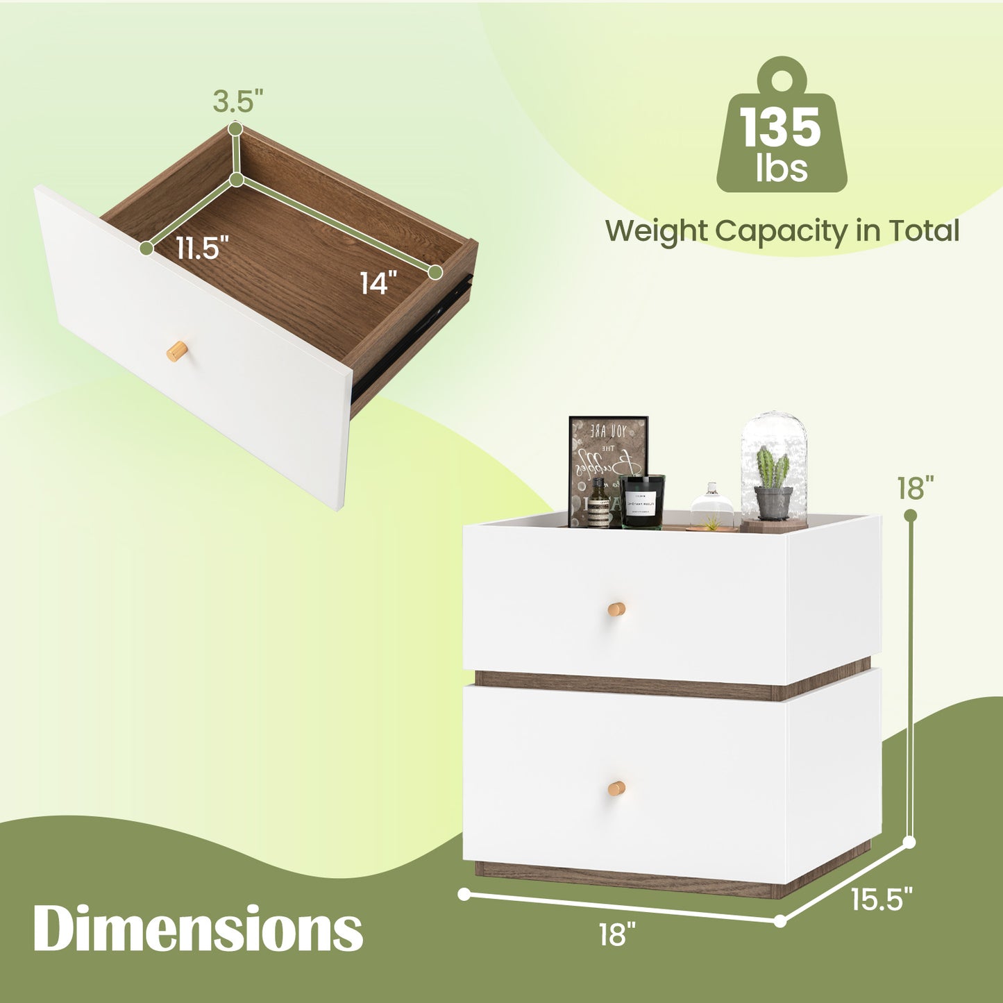2-Drawer Modern Nightstand with Storage for Living Room Bedroom Kids Crystal