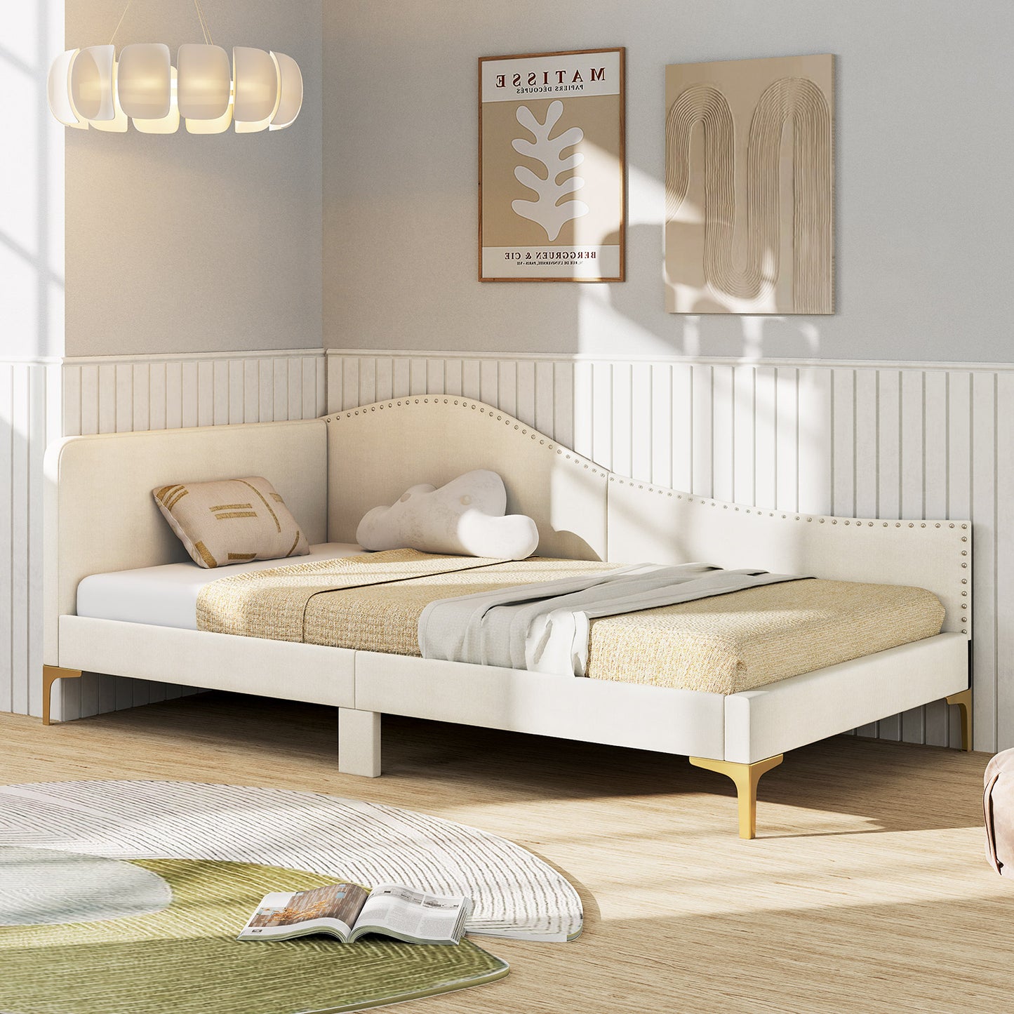 Full/Twin Size Upholstered Daybed with Metal Legs and Wood Slats-Twin Size Kids Crystal
