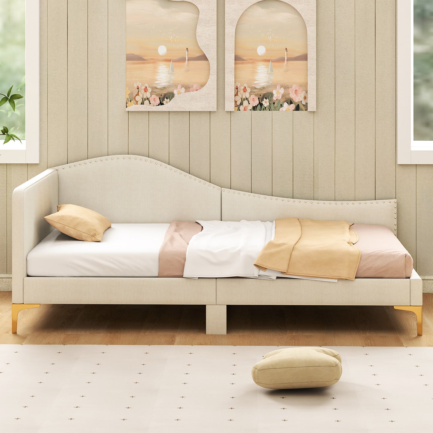 Full/Twin Size Upholstered Daybed with Metal Legs and Wood Slats-Twin Size Kids Crystal