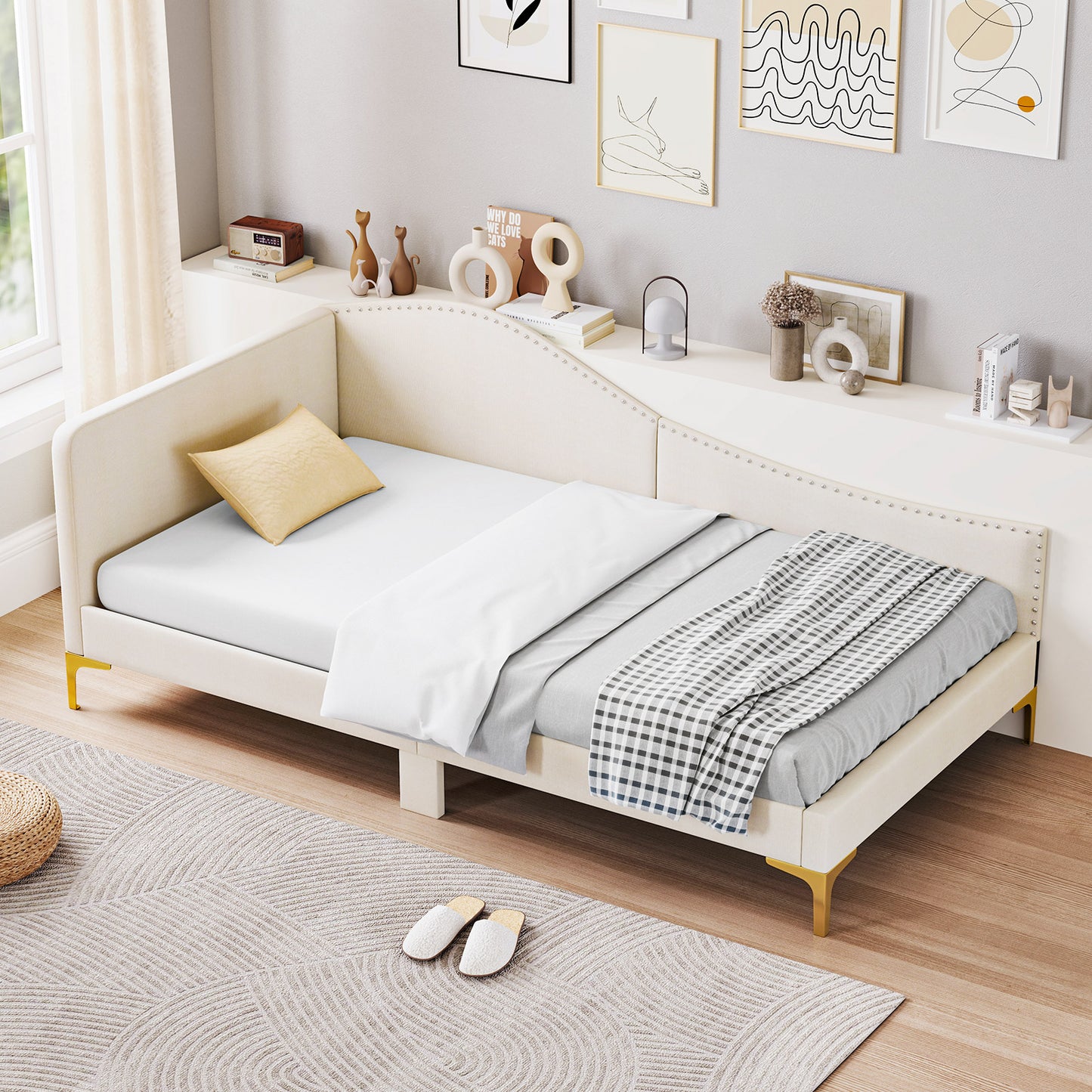 Full/Twin Size Upholstered Daybed with Metal Legs and Wood Slats-Twin Size Kids Crystal