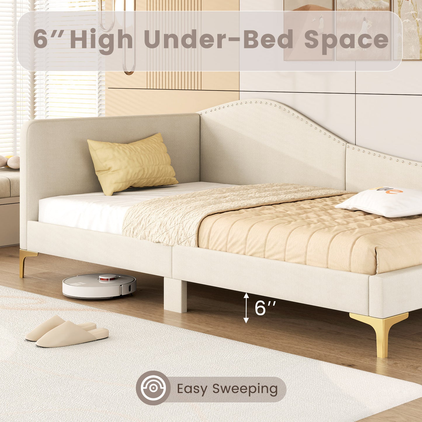 Full/Twin Size Upholstered Daybed with Metal Legs and Wood Slats-Twin Size Kids Crystal