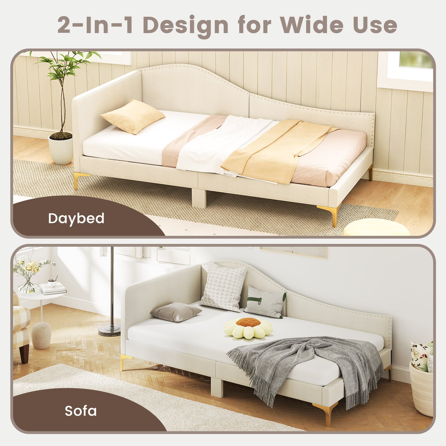 Full/Twin Size Upholstered Daybed with Metal Legs and Wood Slats-Twin Size Kids Crystal