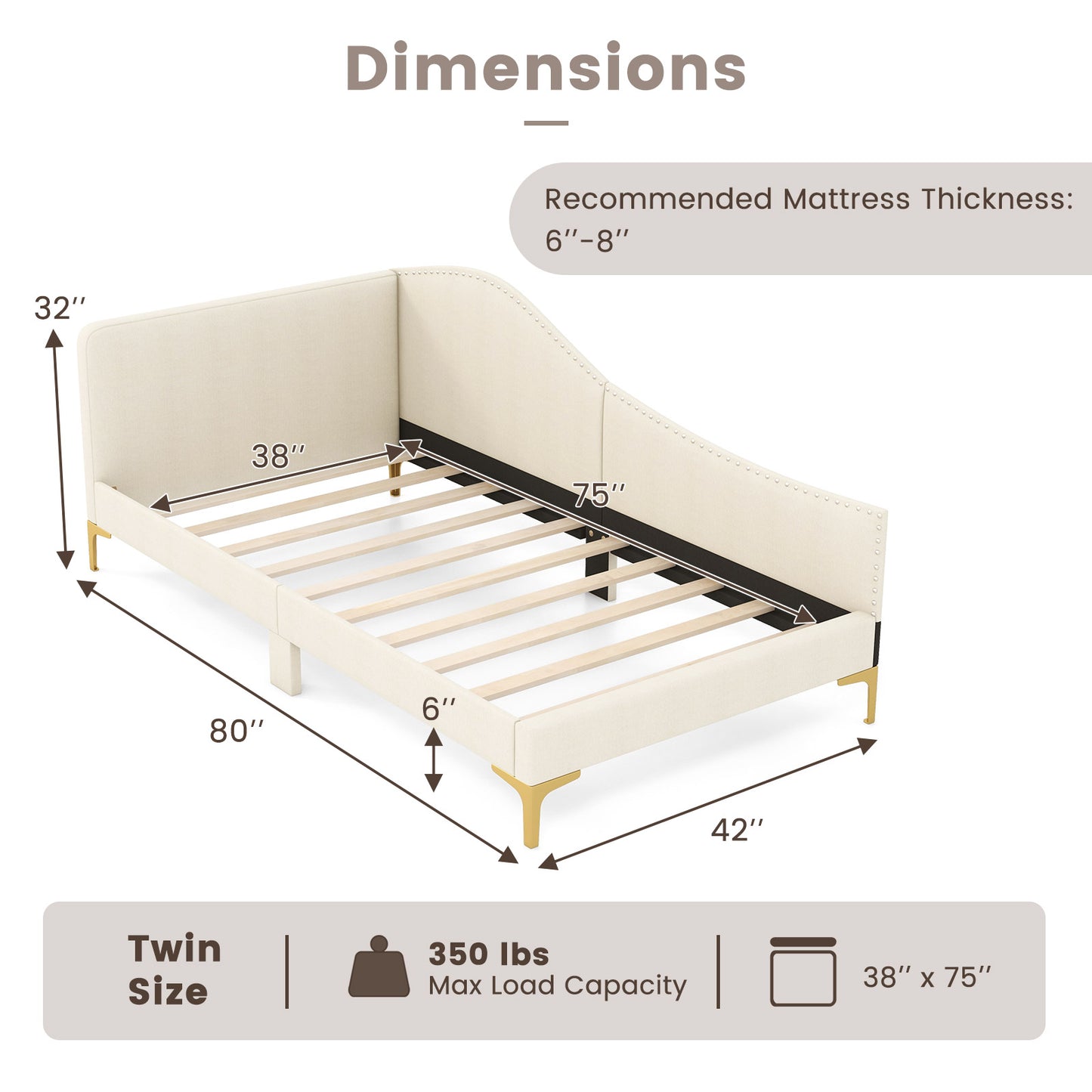 Full/Twin Size Upholstered Daybed with Metal Legs and Wood Slats-Twin Size Kids Crystal