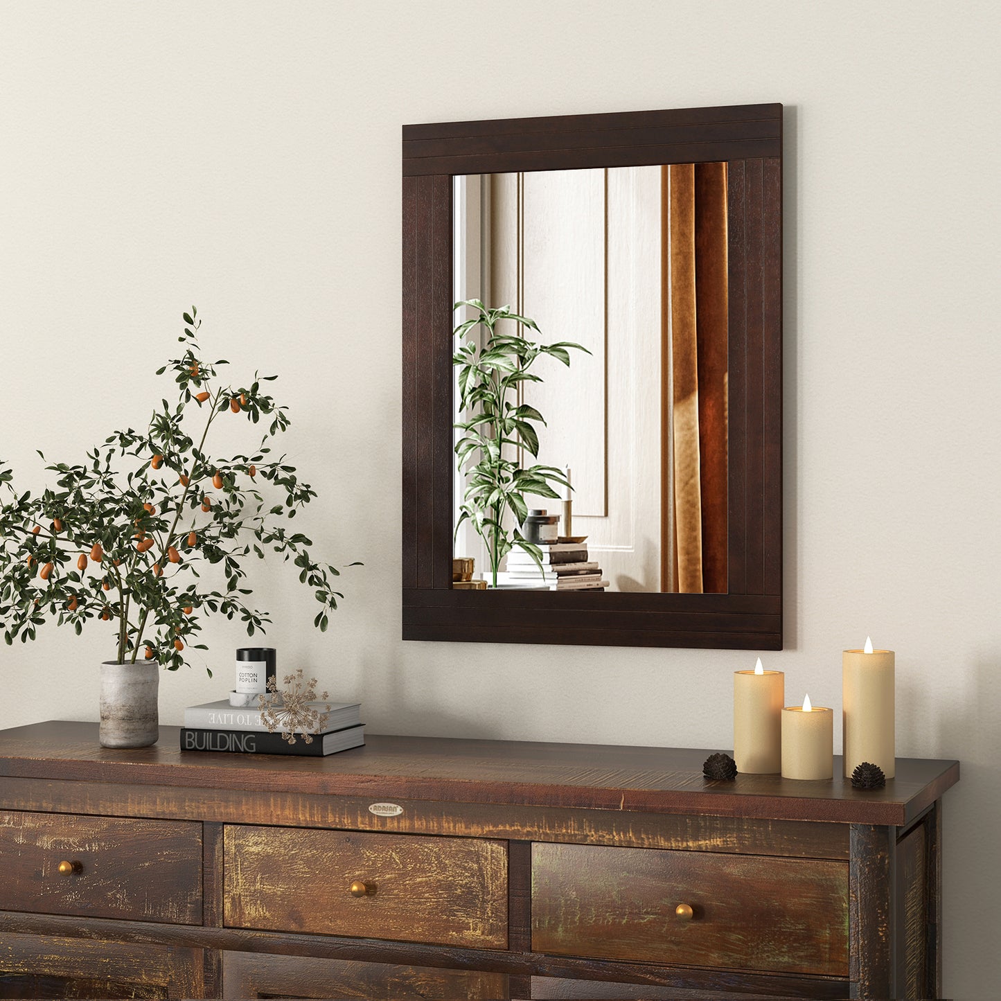 Wood Framed Wall Mirror for Bedroom Living Room Vanity Entryway-Brown Kids Crystal