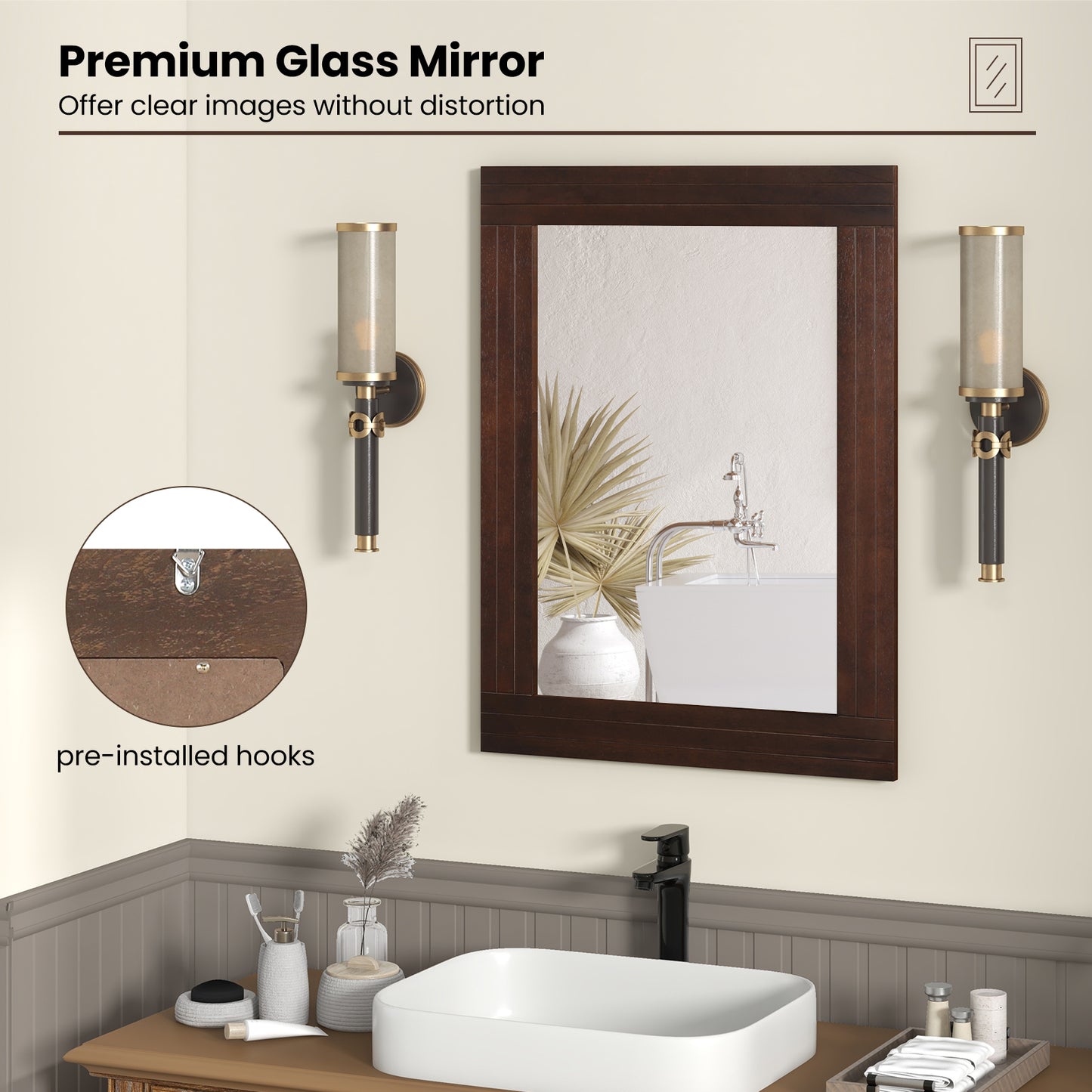 Wood Framed Wall Mirror for Bedroom Living Room Vanity Entryway-Brown Kids Crystal