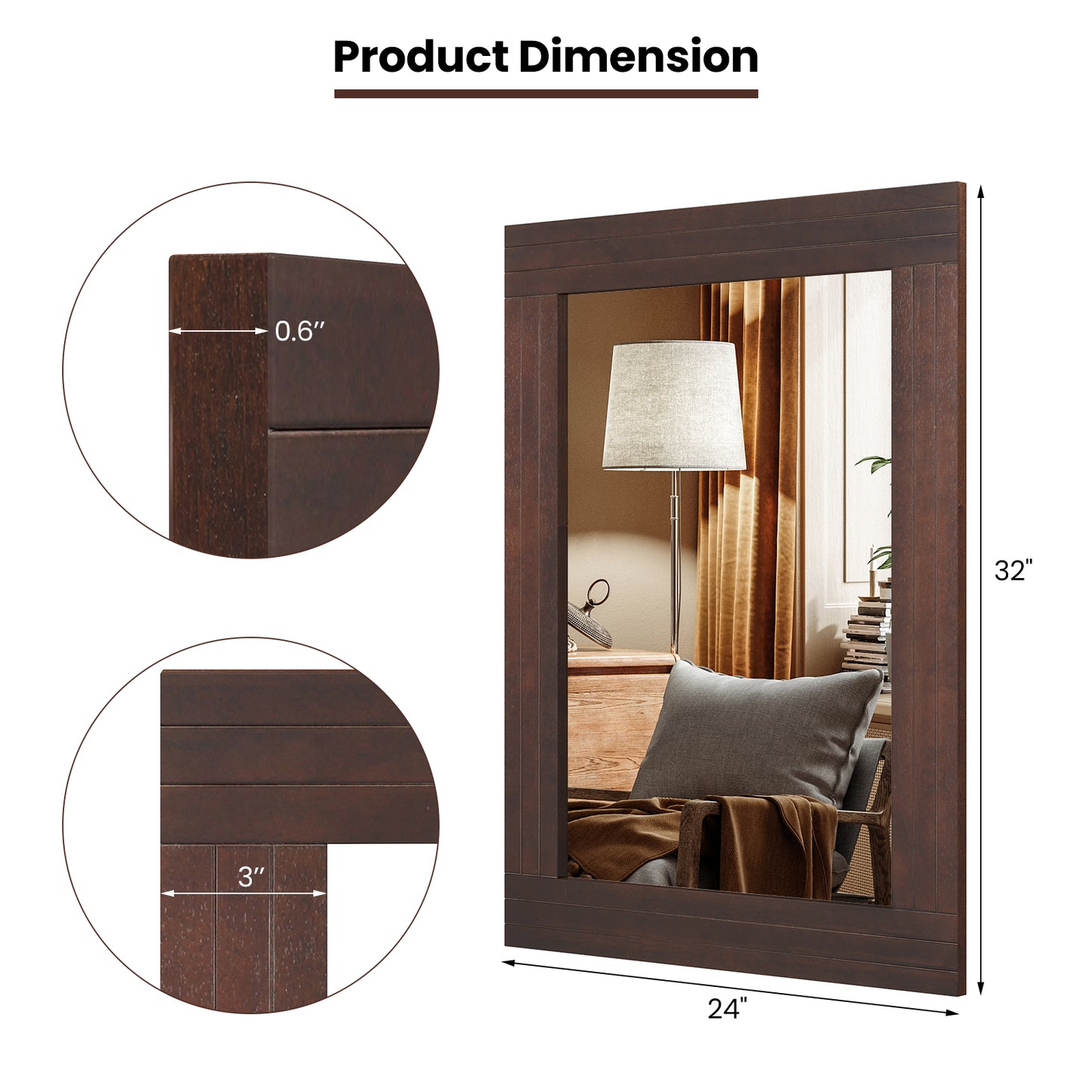Wood Framed Wall Mirror for Bedroom Living Room Vanity Entryway-Brown Kids Crystal