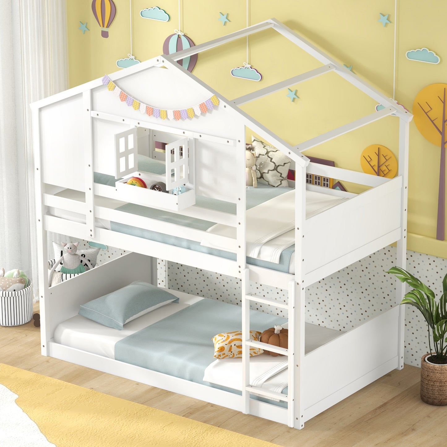 Twin Over Twin Bunk Bed for Kids with Roof and Lockable Window-White Kids Crystal