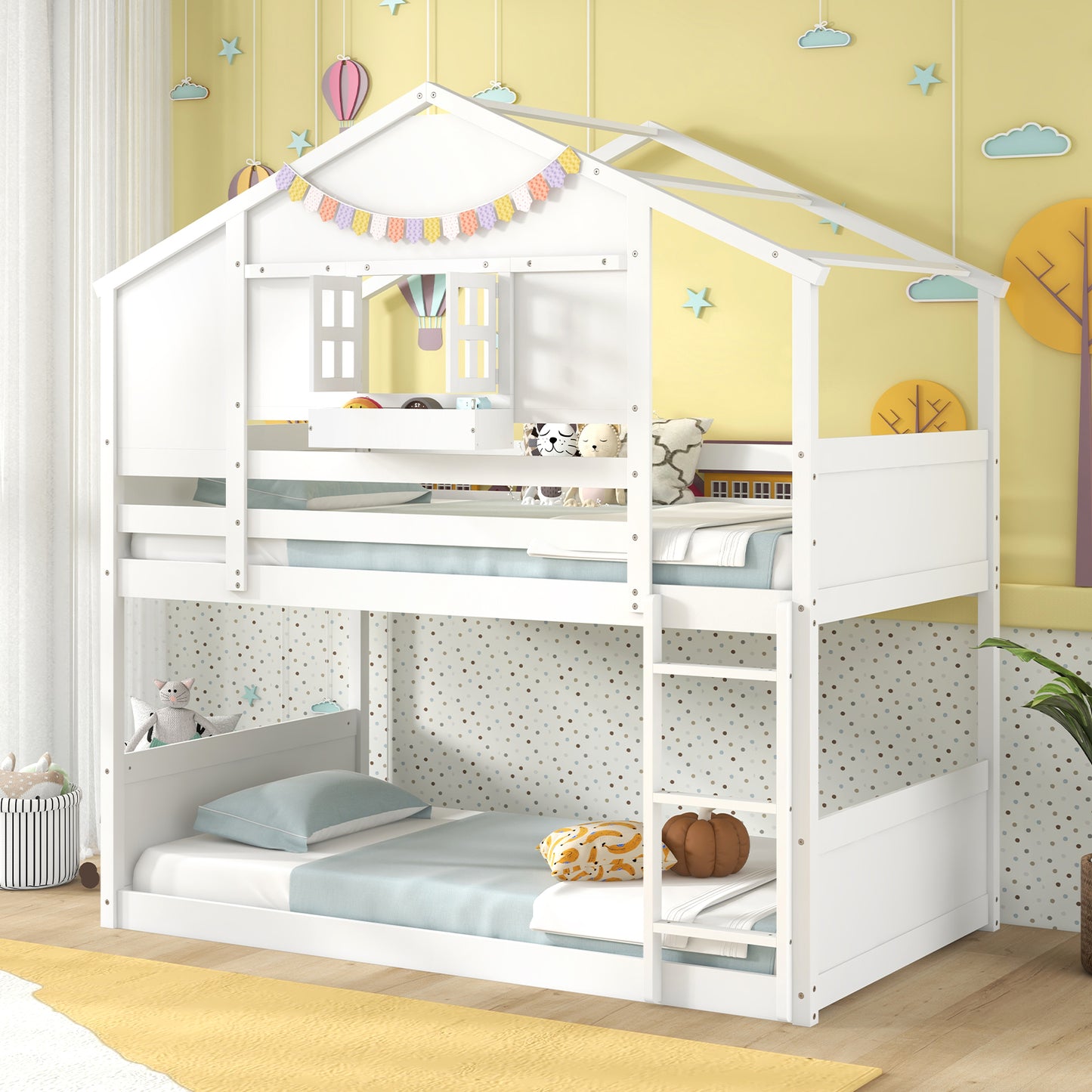 Twin Over Twin Bunk Bed for Kids with Roof and Lockable Window-White Kids Crystal
