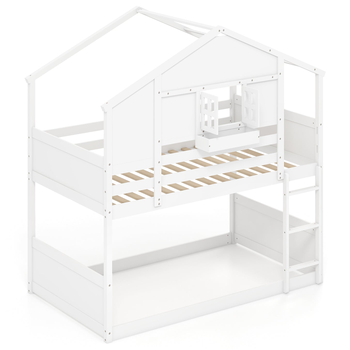 Twin Over Twin Bunk Bed for Kids with Roof and Lockable Window-White Kids Crystal