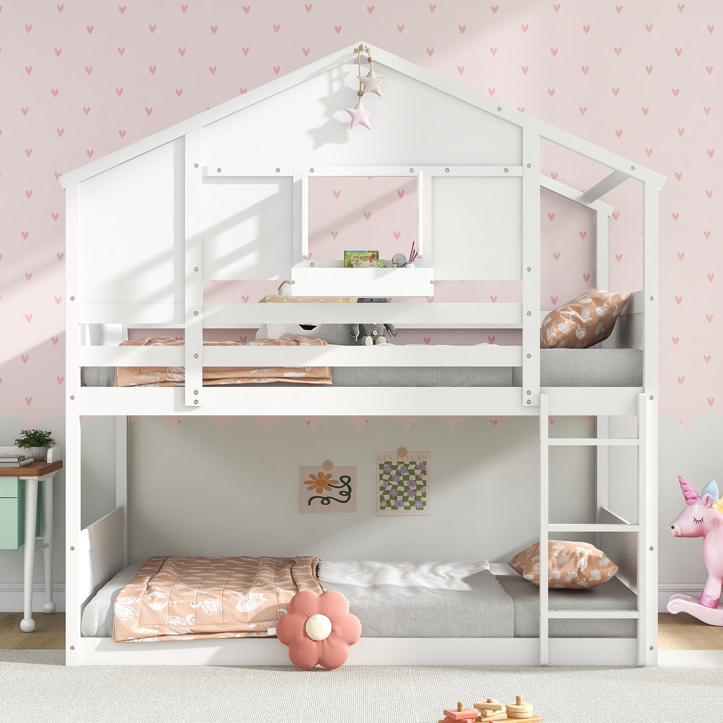 Twin Over Twin Bunk Bed for Kids with Roof and Lockable Window-White Kids Crystal