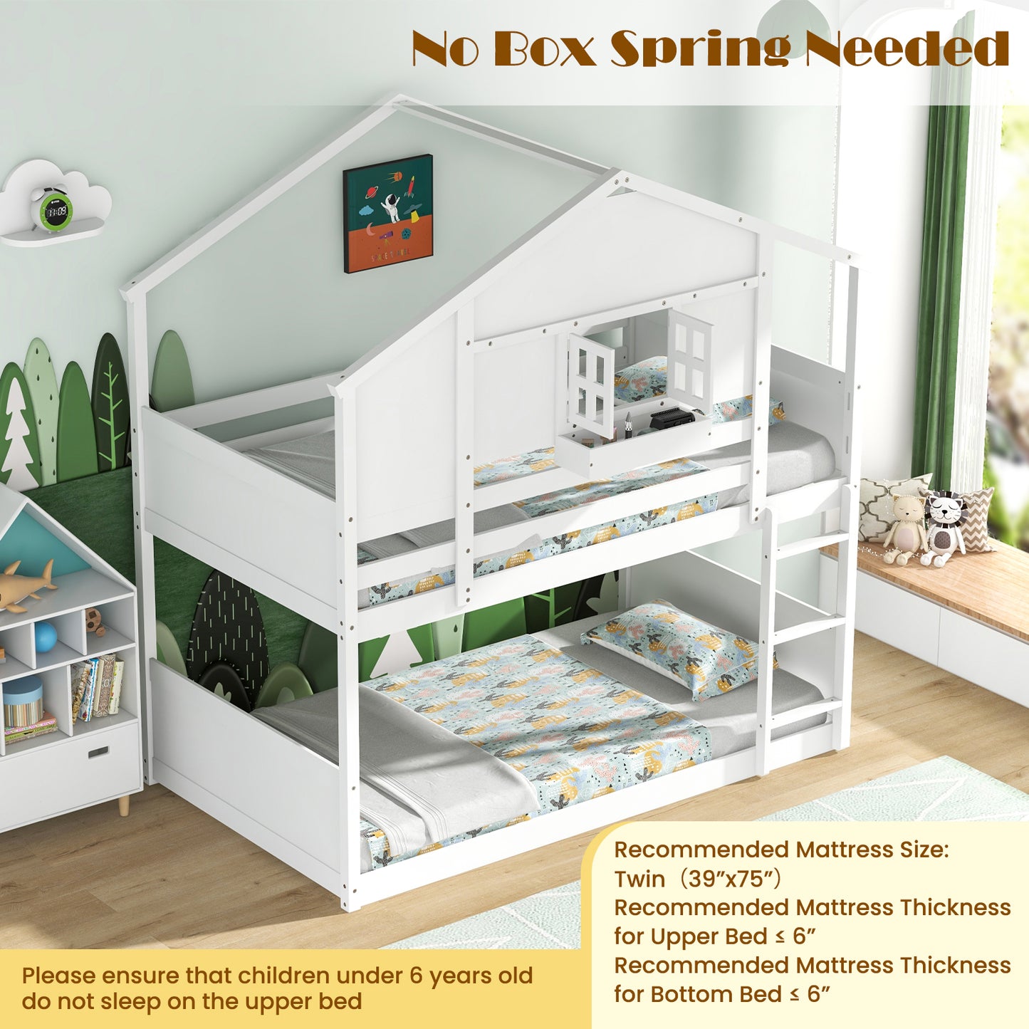 Twin Over Twin Bunk Bed for Kids with Roof and Lockable Window-White Kids Crystal