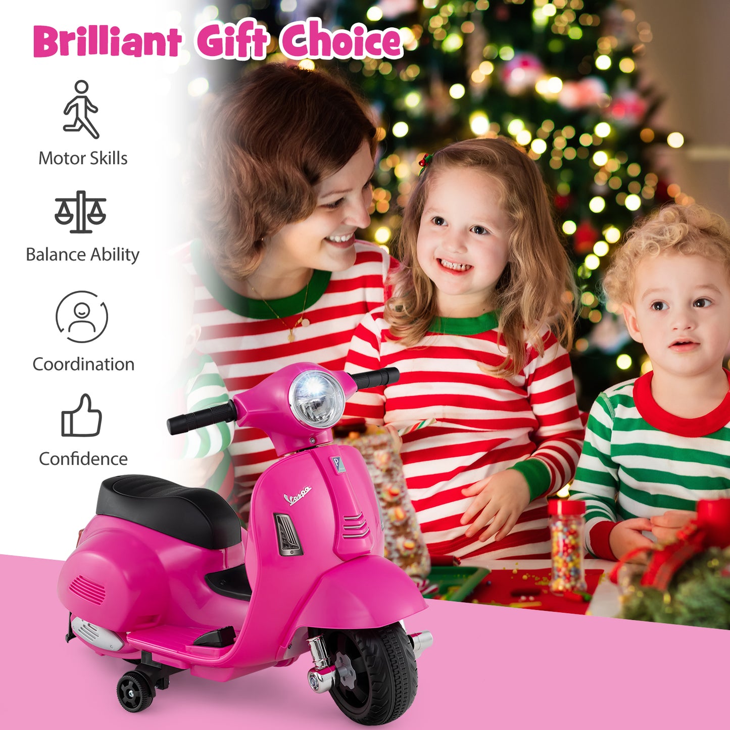 Kids Ride on Motorcycle Licensed Vespa with LED Headlight and Horn Sound-Pink Kids Crystal
