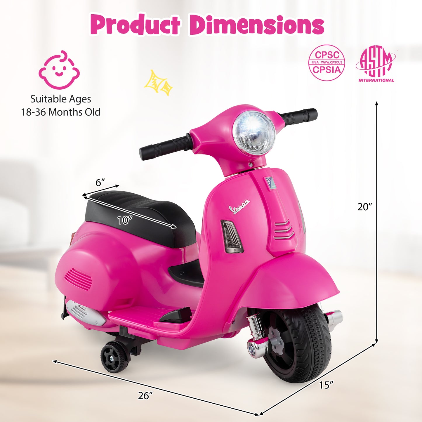 Kids Ride on Motorcycle Licensed Vespa with LED Headlight and Horn Sound-Pink