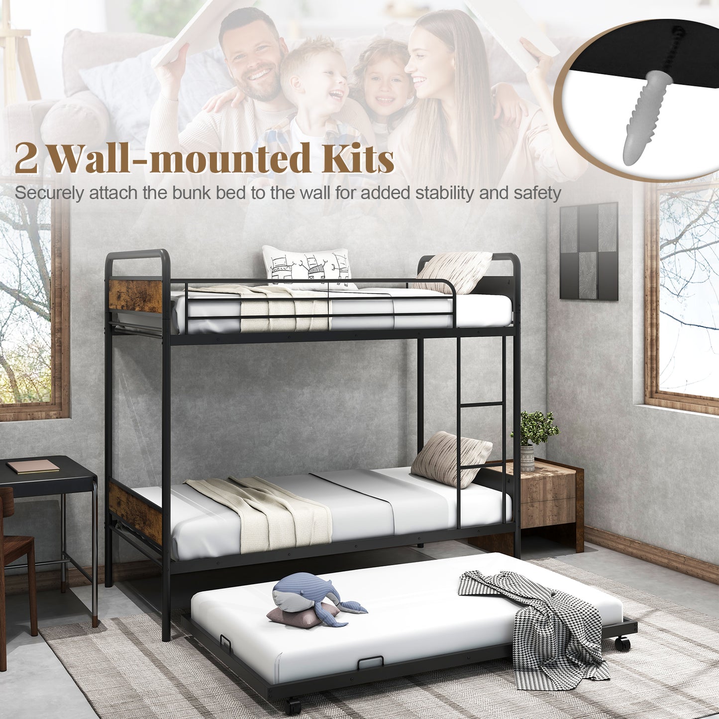 Twin Over Twin Bunk Bed with Trundle with Ladder and Full-length Guardrails-Black
