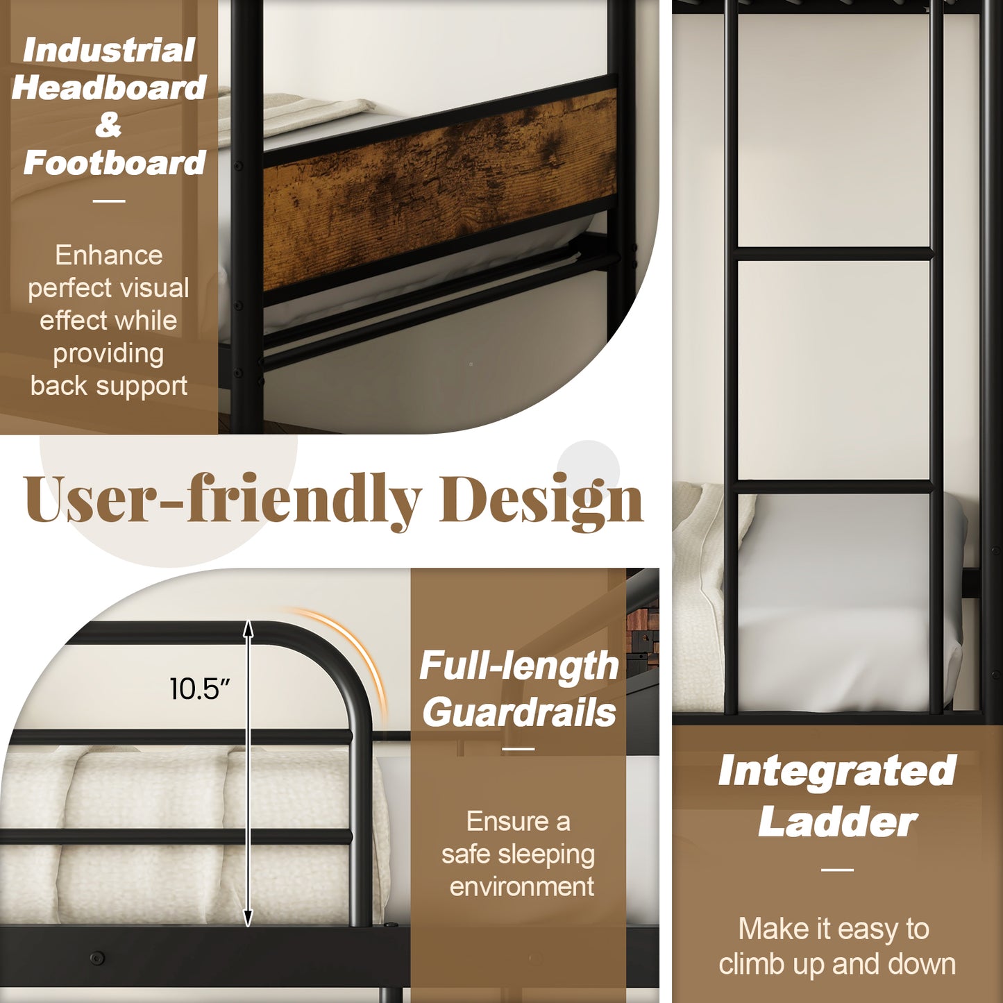 Twin Over Twin Bunk Bed with Trundle with Ladder and Full-length Guardrails-Black