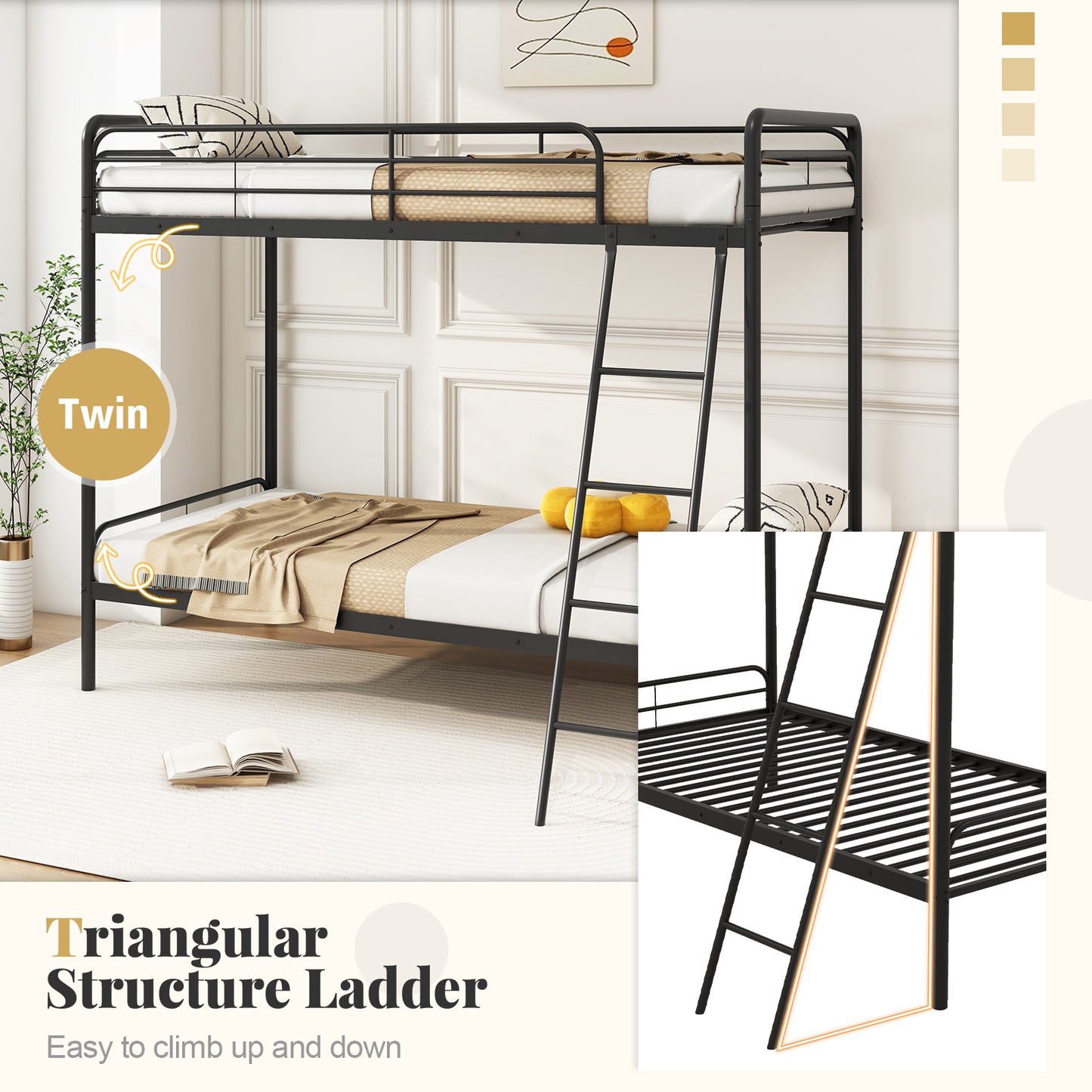 Heavy Duty Metal Bunk Bed with Ladder and Safety Guardrails-Black