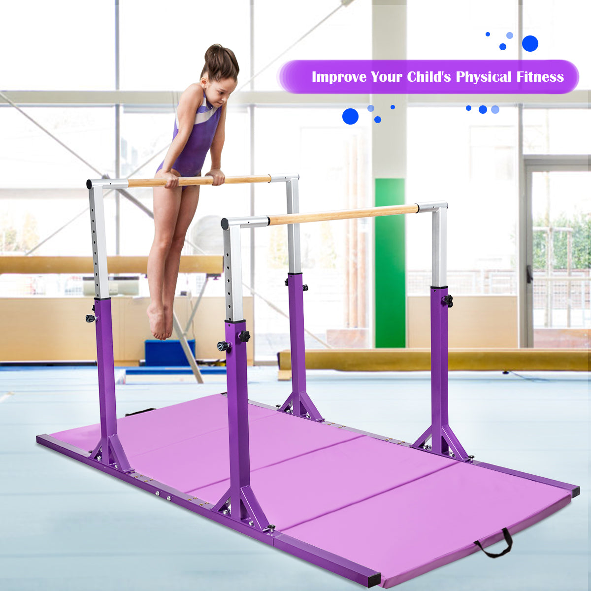 Kids Double Horizontal Bars Gymnastic Training Parallel Bars Adjustable-Purple Kids Crystal