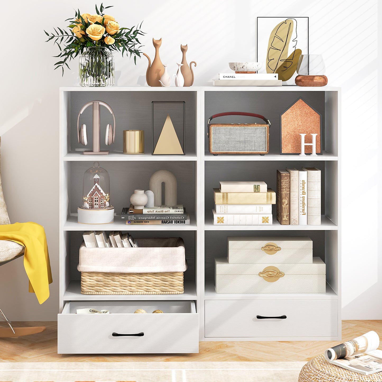 48 Inch Tall 4 Tiers Wood Bookcase with Drawer-White Kids Crystal