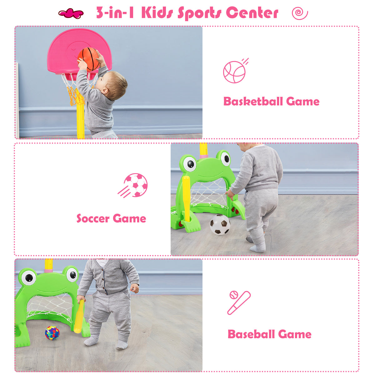 3-in-1 Kids Basketball Hoop Set Stand Kids Crystal